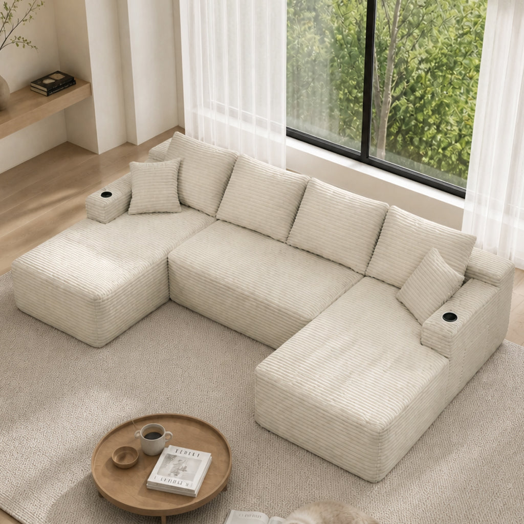 Beige U-Shaped Modular Sectional with Chaise, 126 in Wide