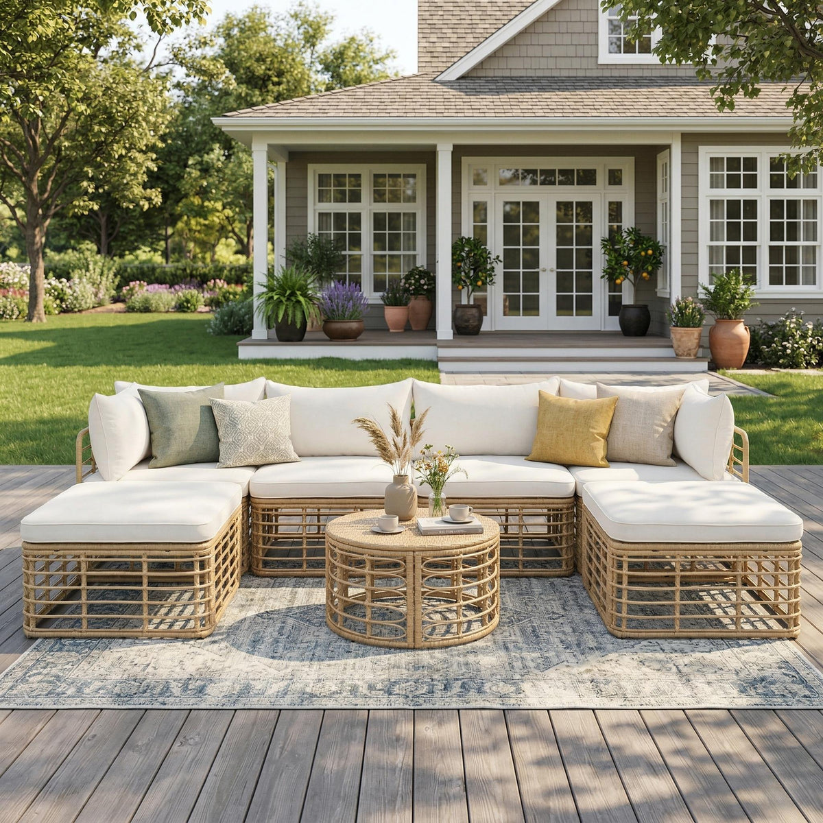 Beige Wicker 7-Piece Outdoor Sectional Set for 6 with Cushions