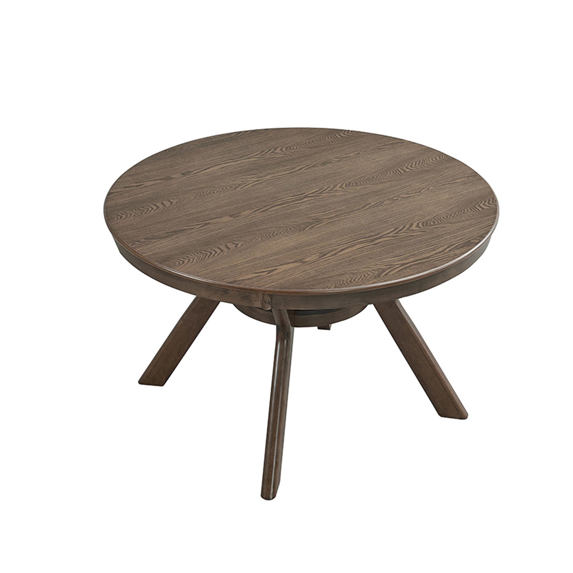 Round oak dining table on white, angled view showing the wood grain top and lower shelf