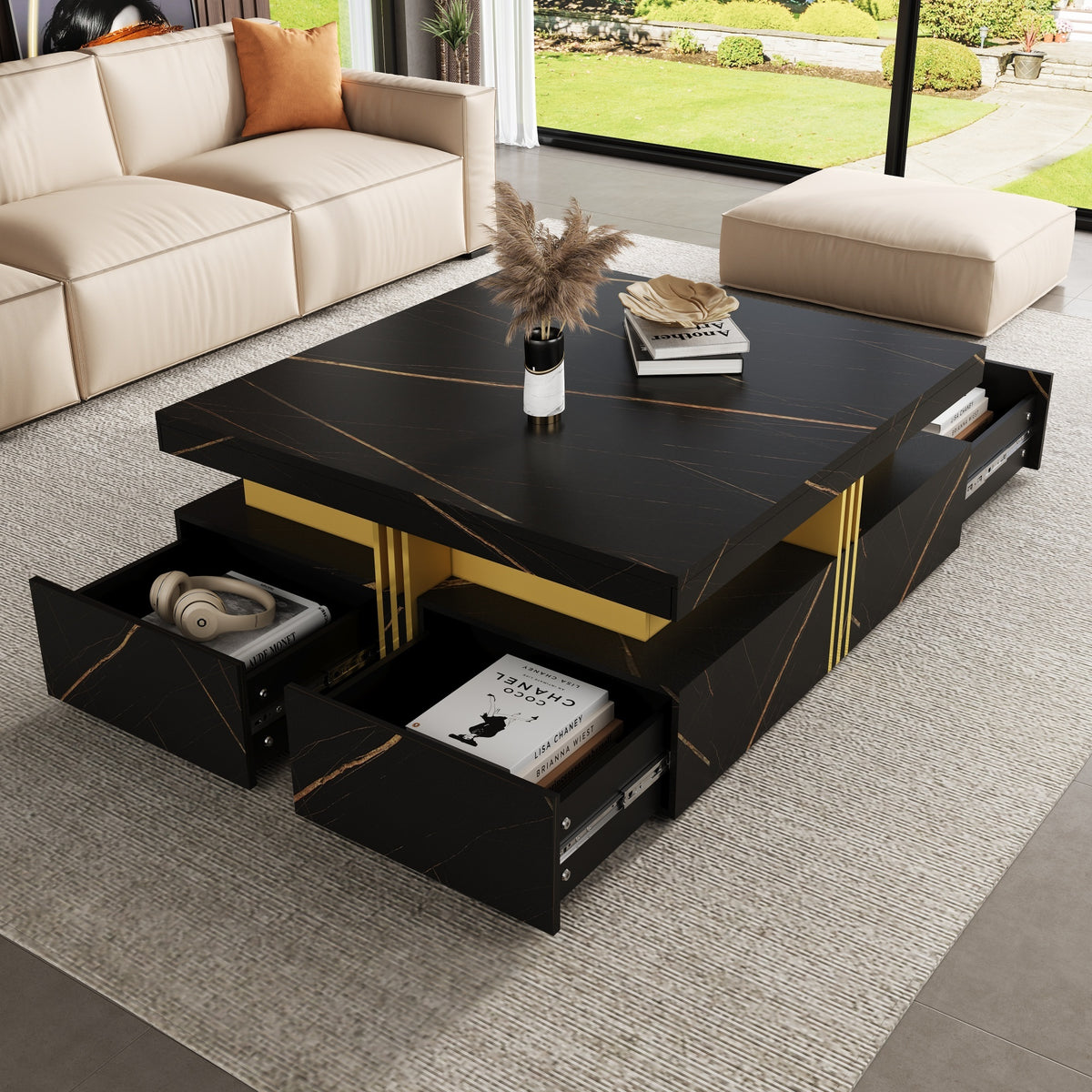 Black Square Coffee Table, 4 Drawers, 43.3 in