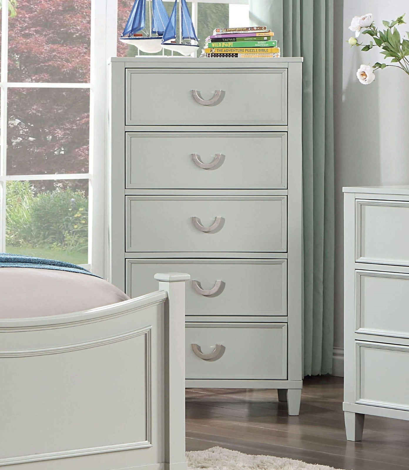 Solid Wood 5-Drawer Chest, Narrow Gray Bedroom Storage