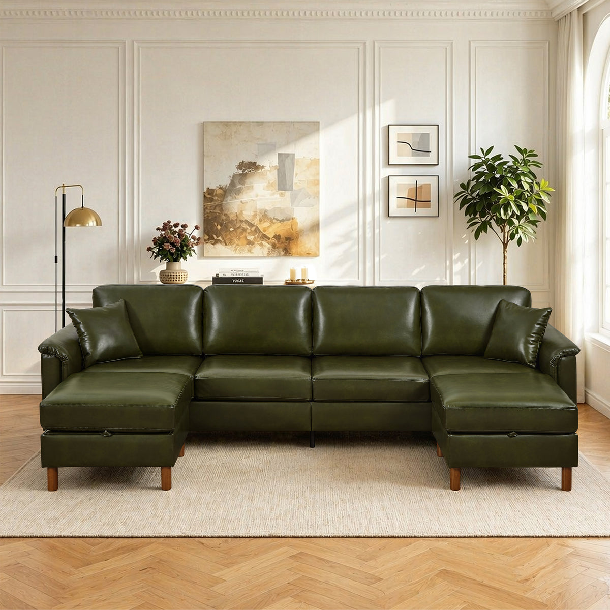 Dark Green Vegan Leather Sectional Couch with 2 Ottomans, 120 in Wide