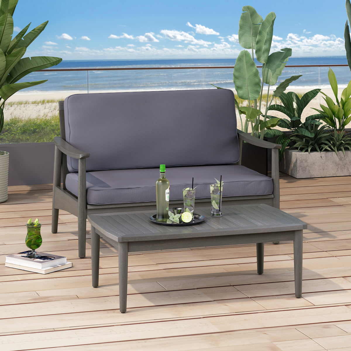 Dark Gray Solid Wood Outdoor Sofa Set with Cushions