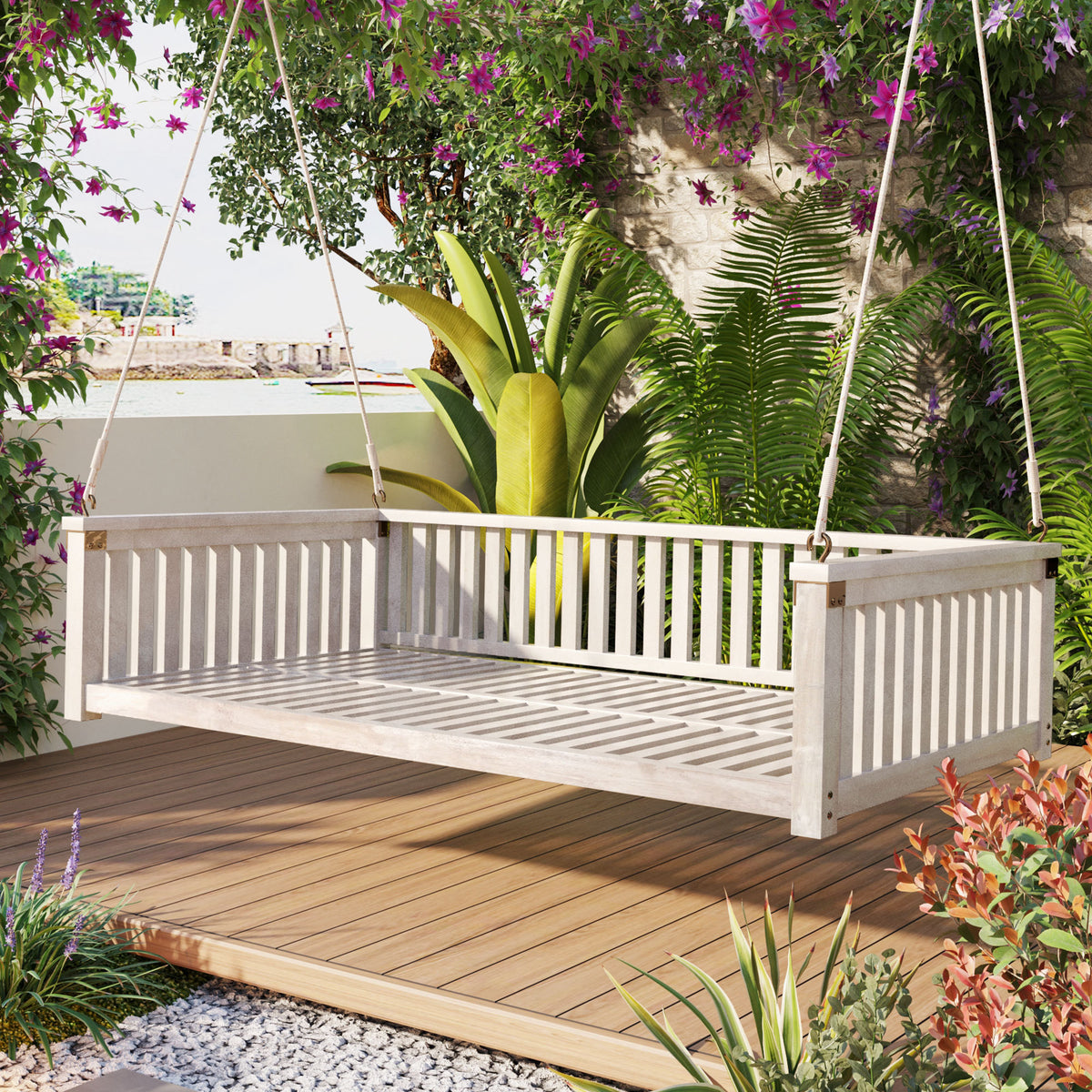 White Solid Wood Porch Swing Bed