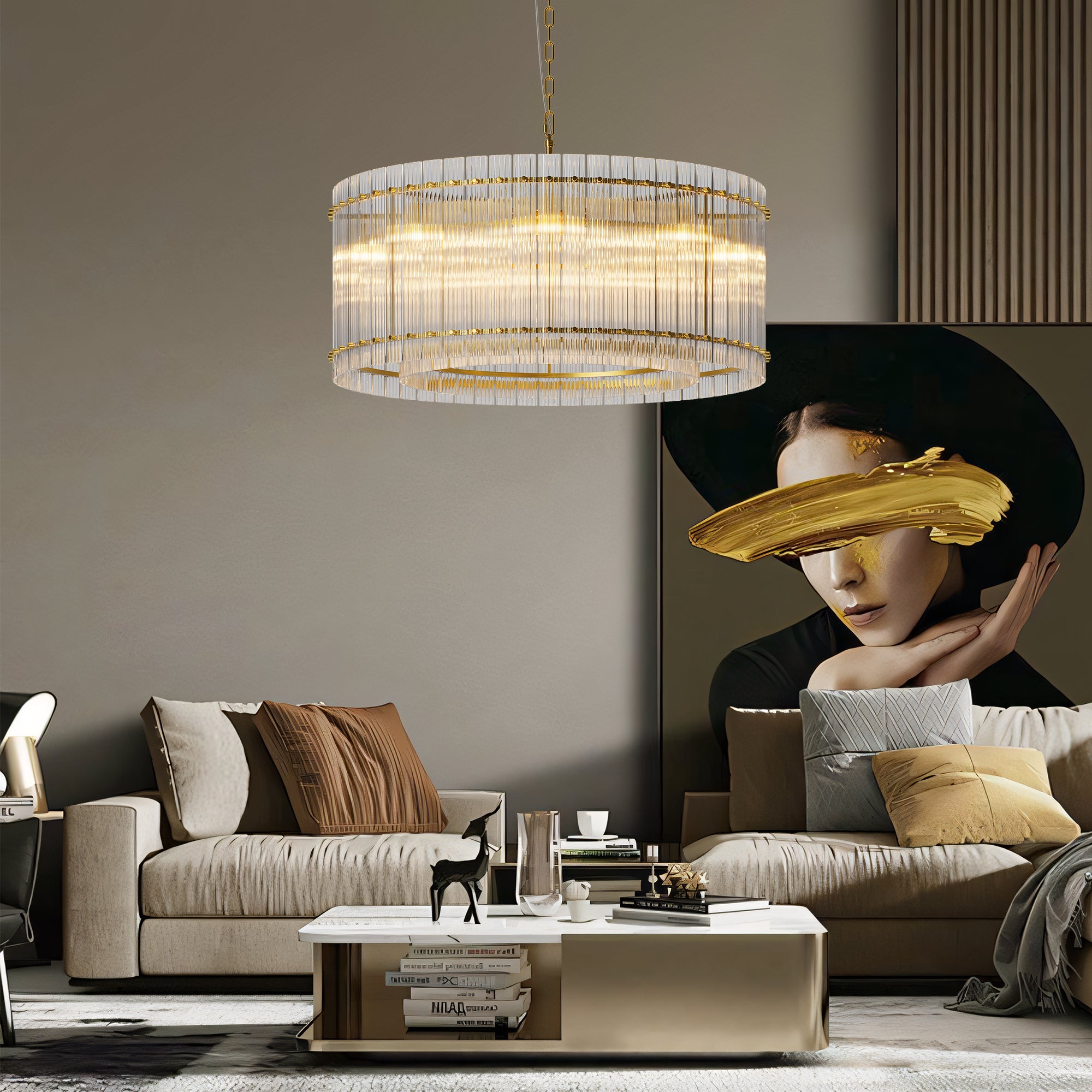 Chandelier, 2-Tier 8-Light Water Ripple Glass, Gold