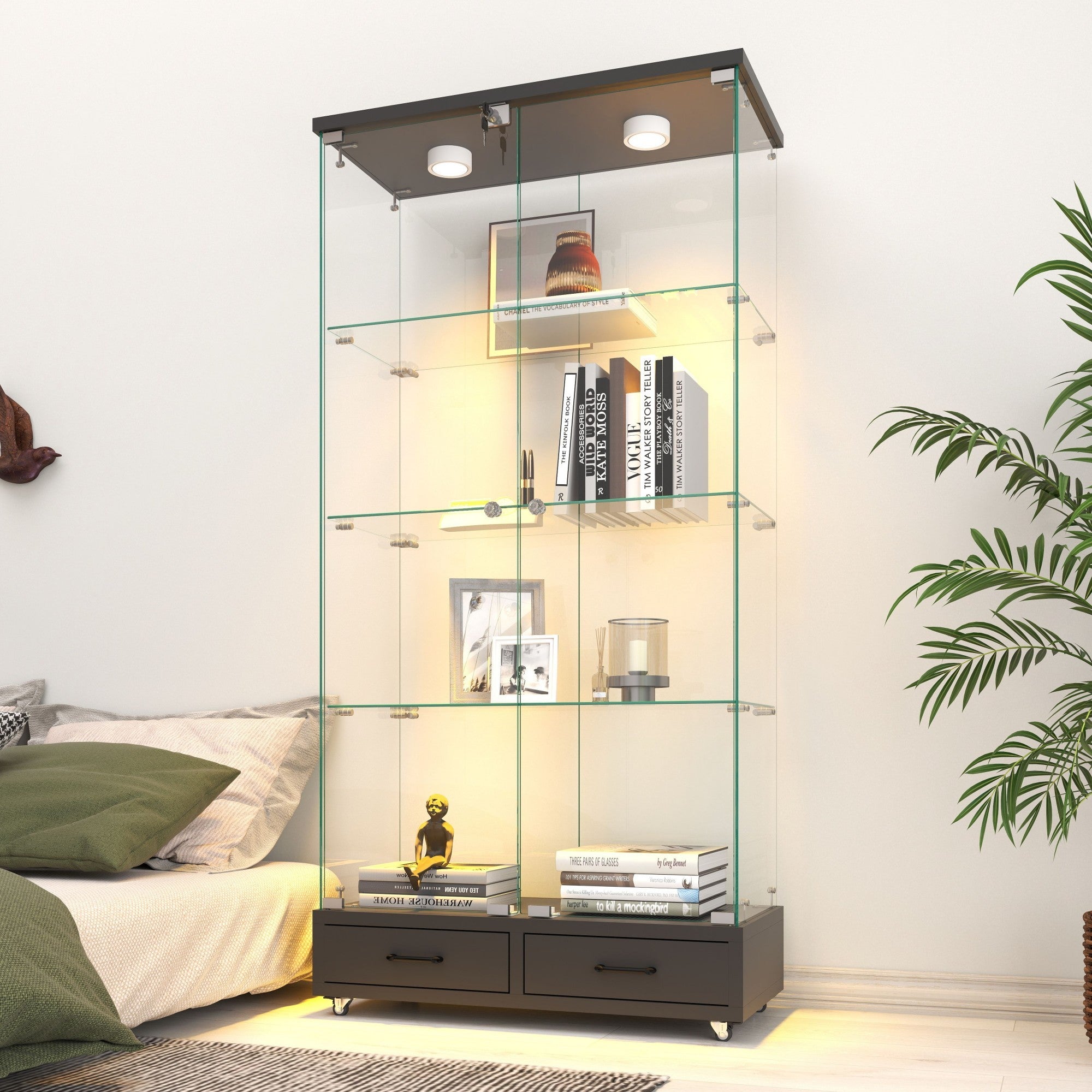 Modern Bookcase with Doors and Lock, 32.1 in, Black