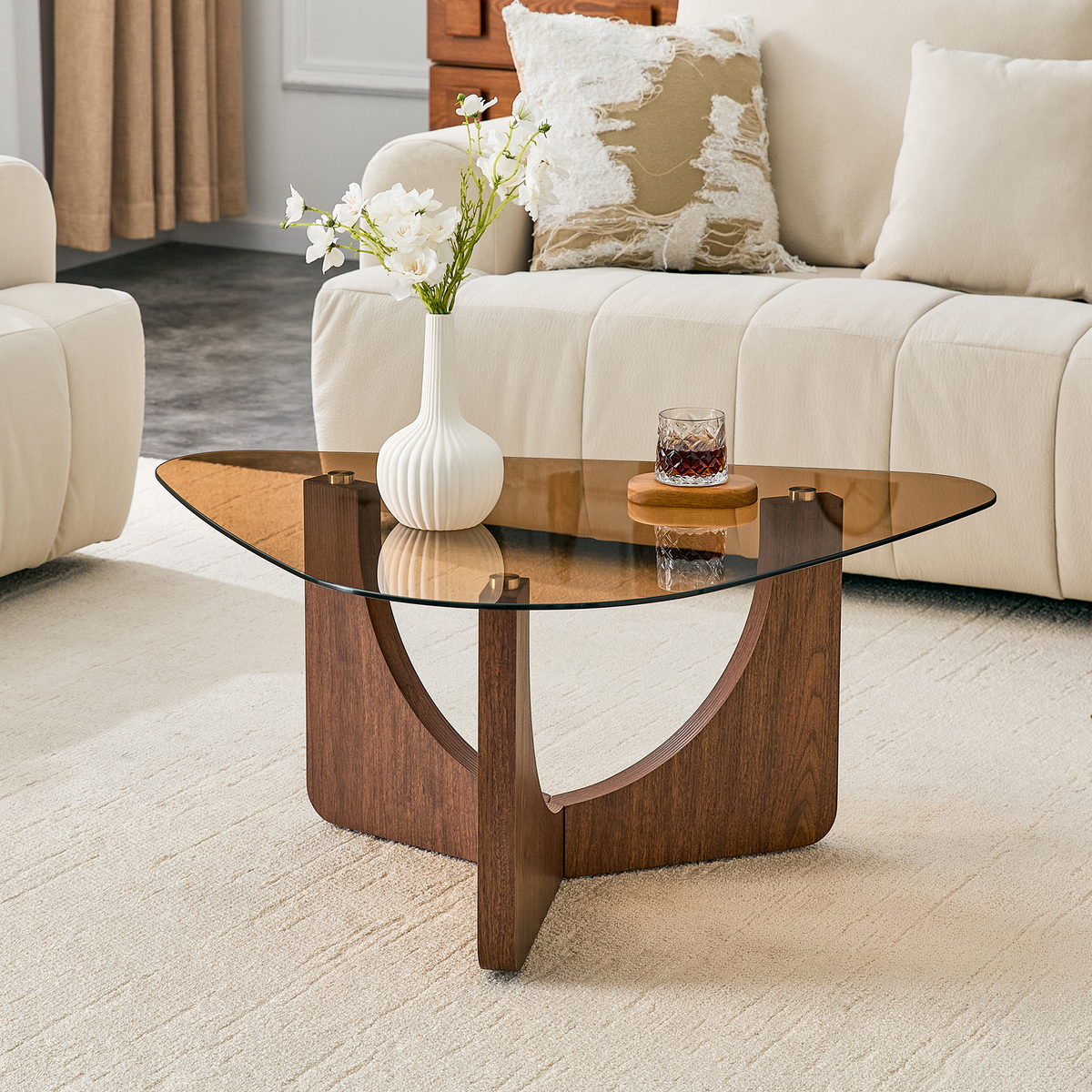 Walnut Glass Top Coffee Table, 35.4 in
