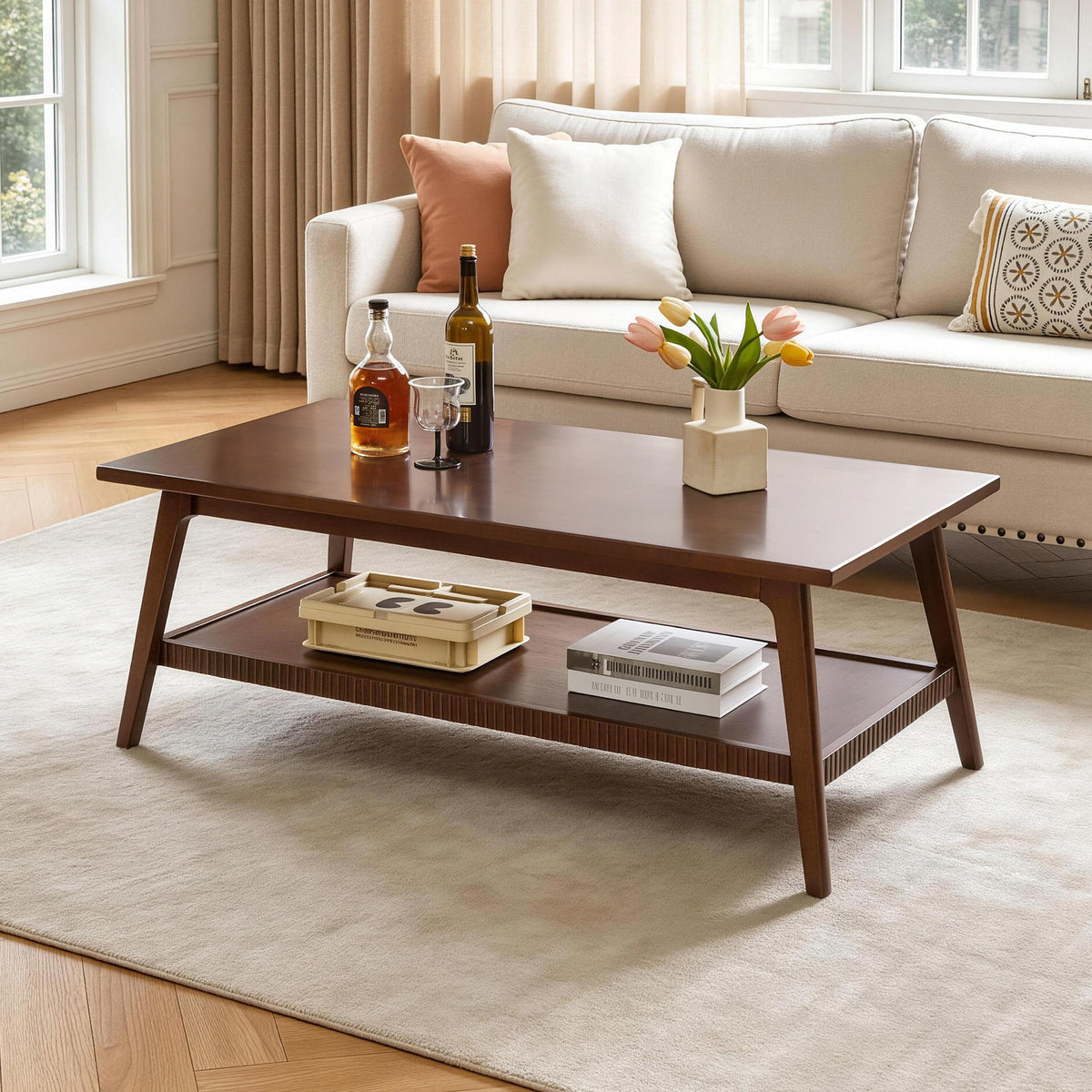 Walnut Solid Wood Rectangular Coffee Table, 47.2 in, 23.6 in Deep
