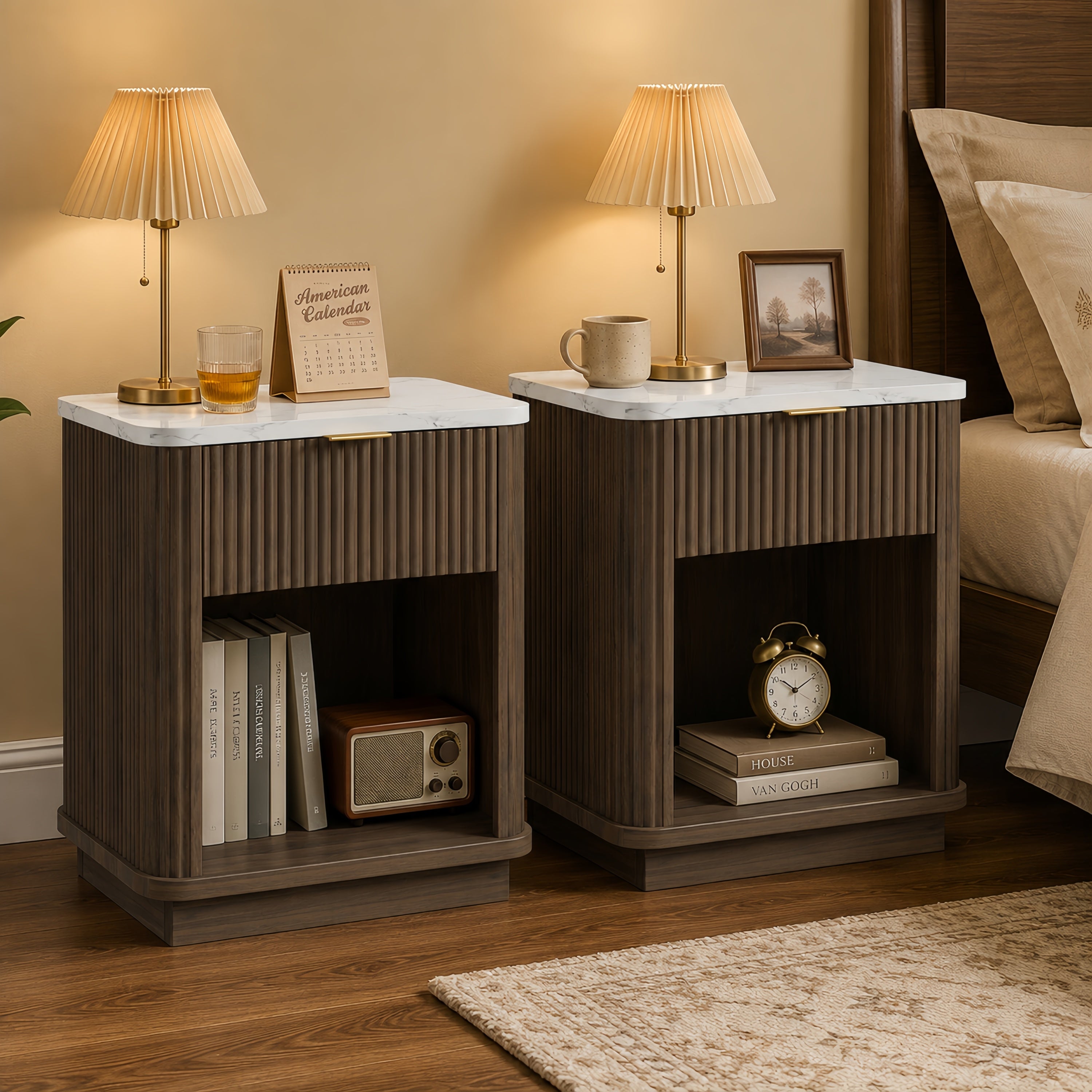 Walnut Fluted Nightstand with 1 Drawer, Set of 2