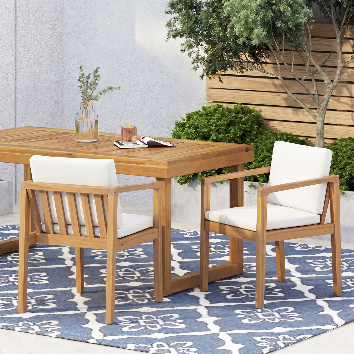 Teak Finish Solid Wood Outdoor Dining Chair, Set of 2, 26 in Tall