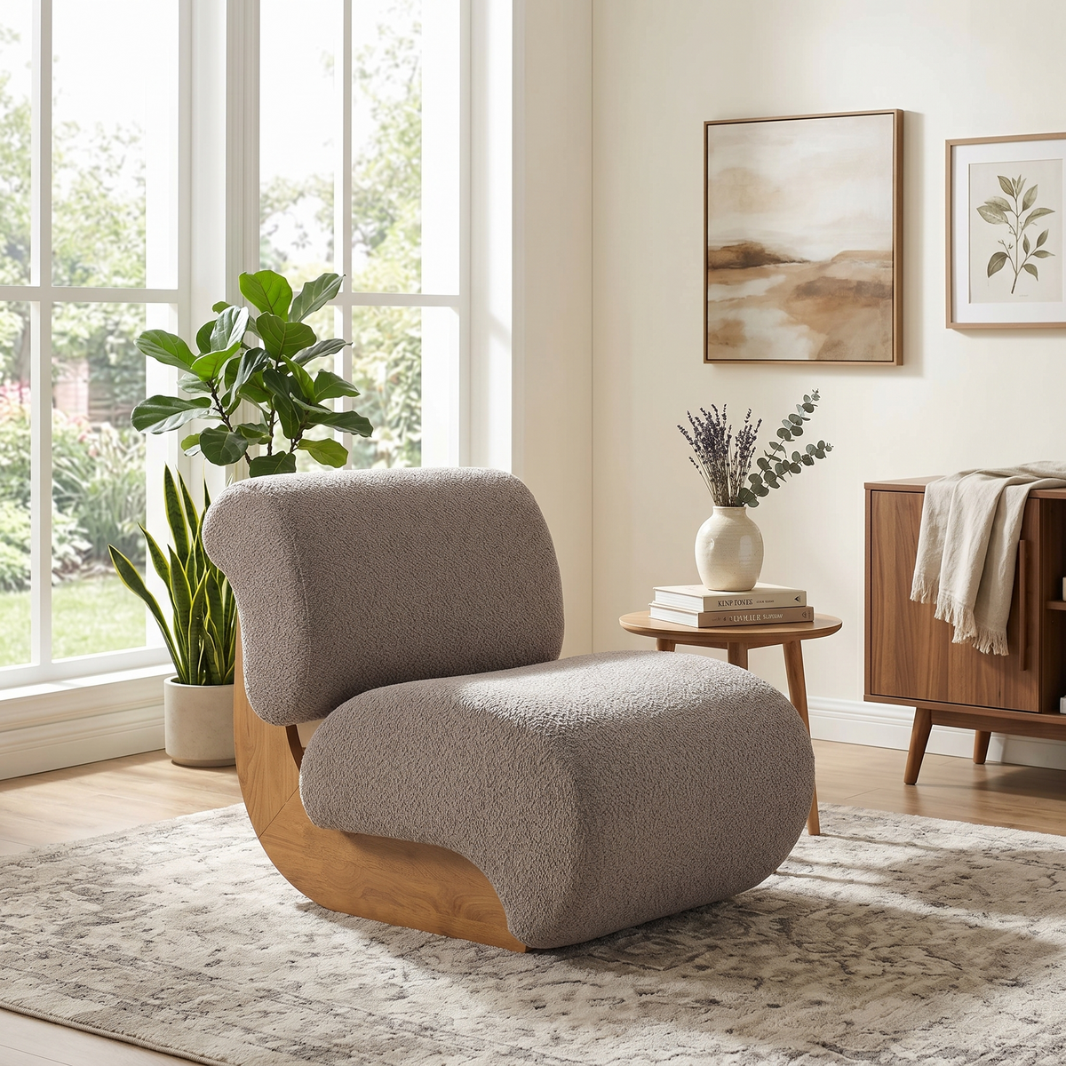 Beige Boucle Accent Chair, Mid-Century