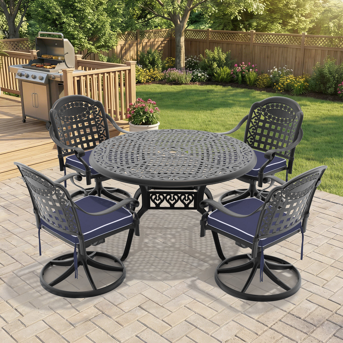 Black Aluminum 5-Piece Patio Dining Set for 4 with Cushions, Swivel, Round