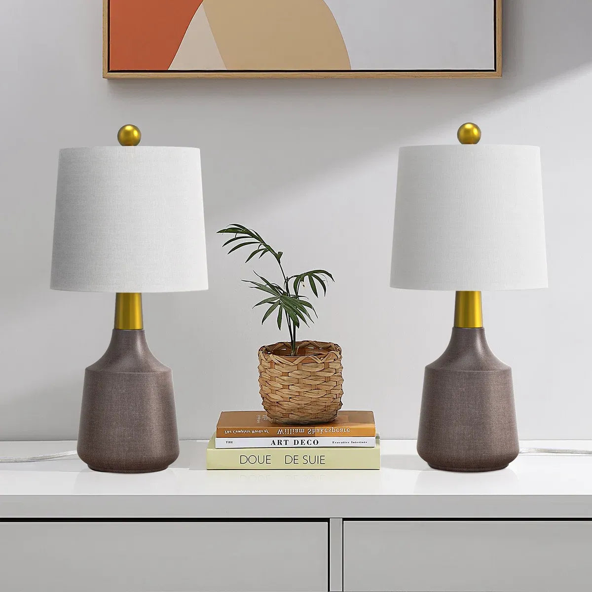 Table Lamp with Linen Shade, Ceramic Base in Gray