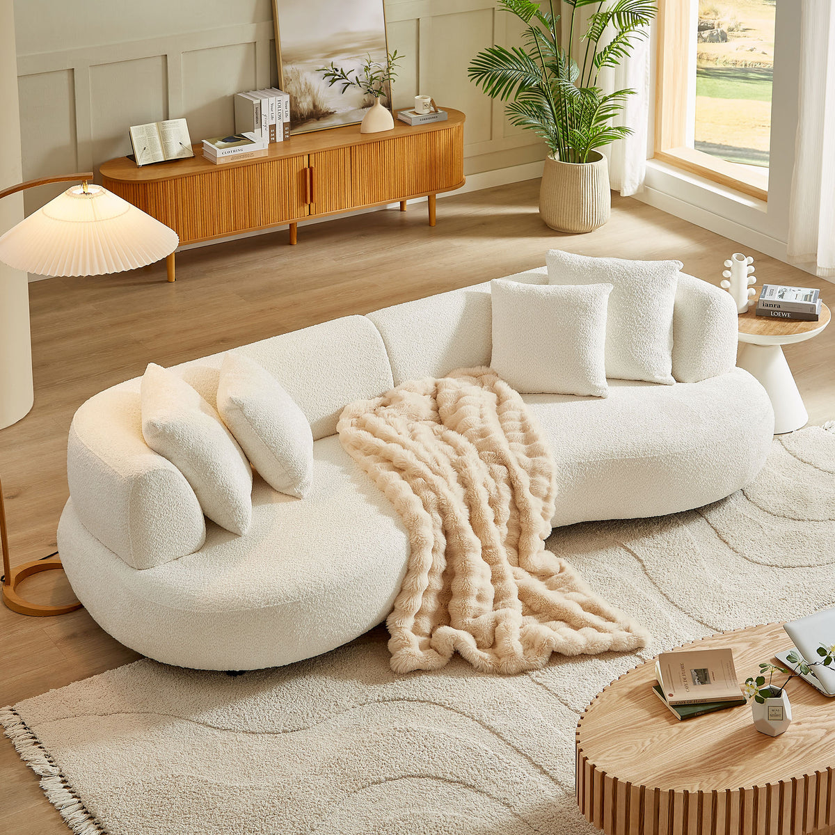 White Boucle Sectional Couch, 102.4 in Wide, Mid-Century