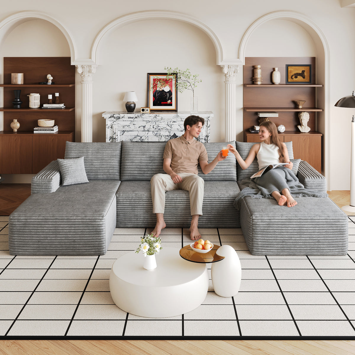 Gray Corduroy U-Shaped Sectional Couch, No Assembly, 134 in Wide