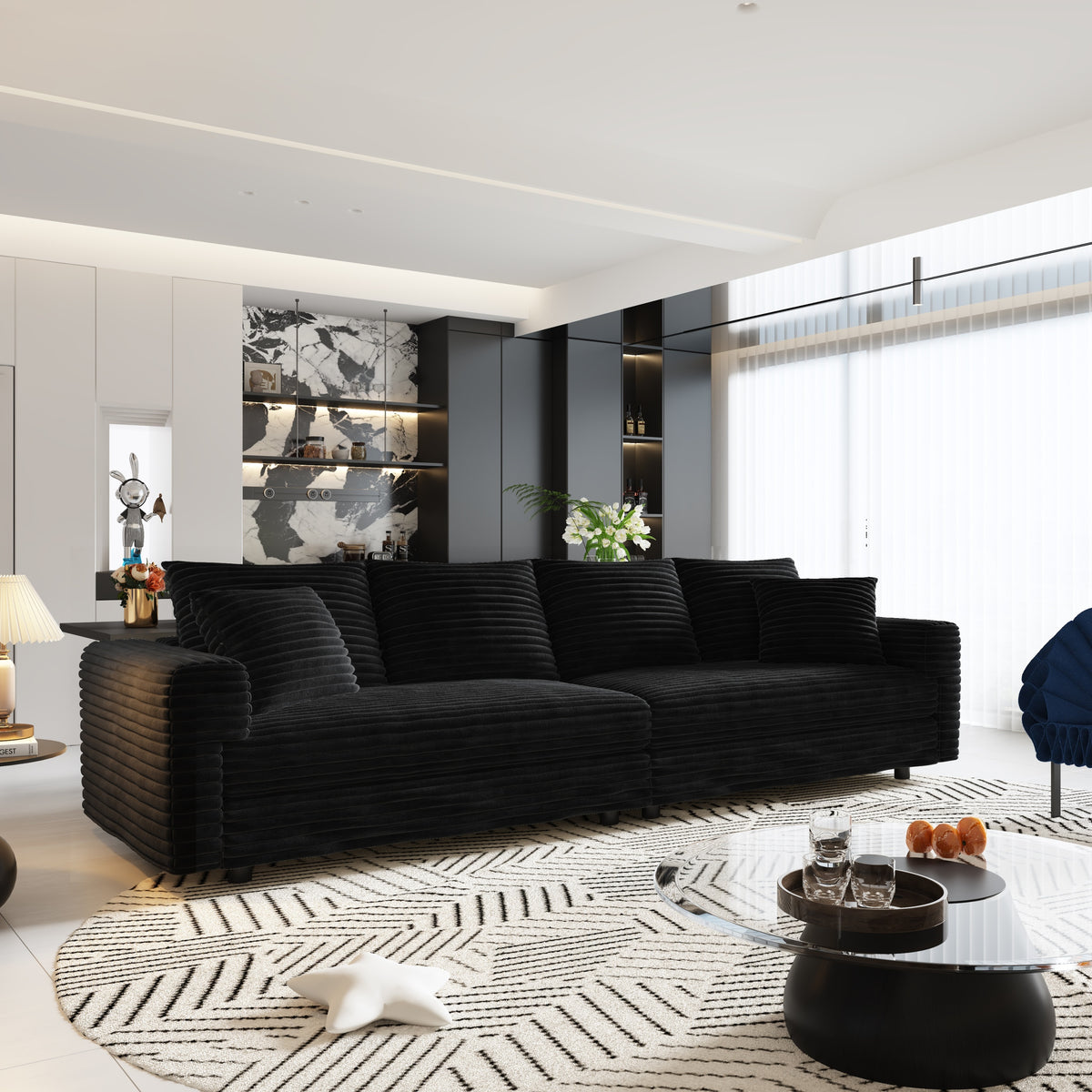 Black Corduroy 4-Seat Couch, Deep Seat, 102.4 in Wide