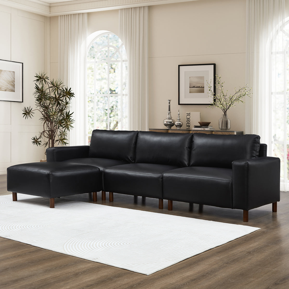 Black Vegan Leather L-Shaped Sectional with Ottoman, 112 in Wide
