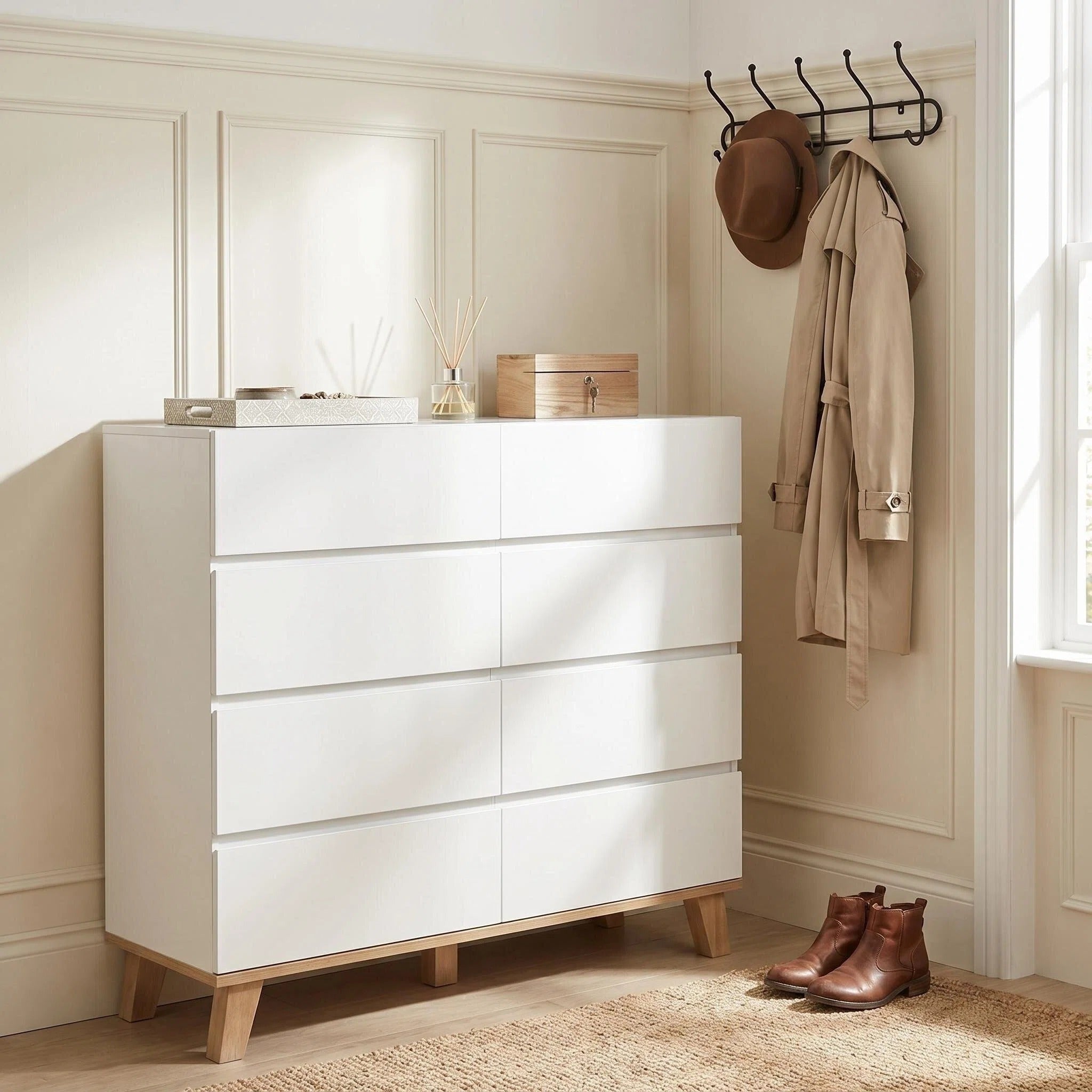 8 Drawer Tall Dresser, Handle-Free, White and Natural