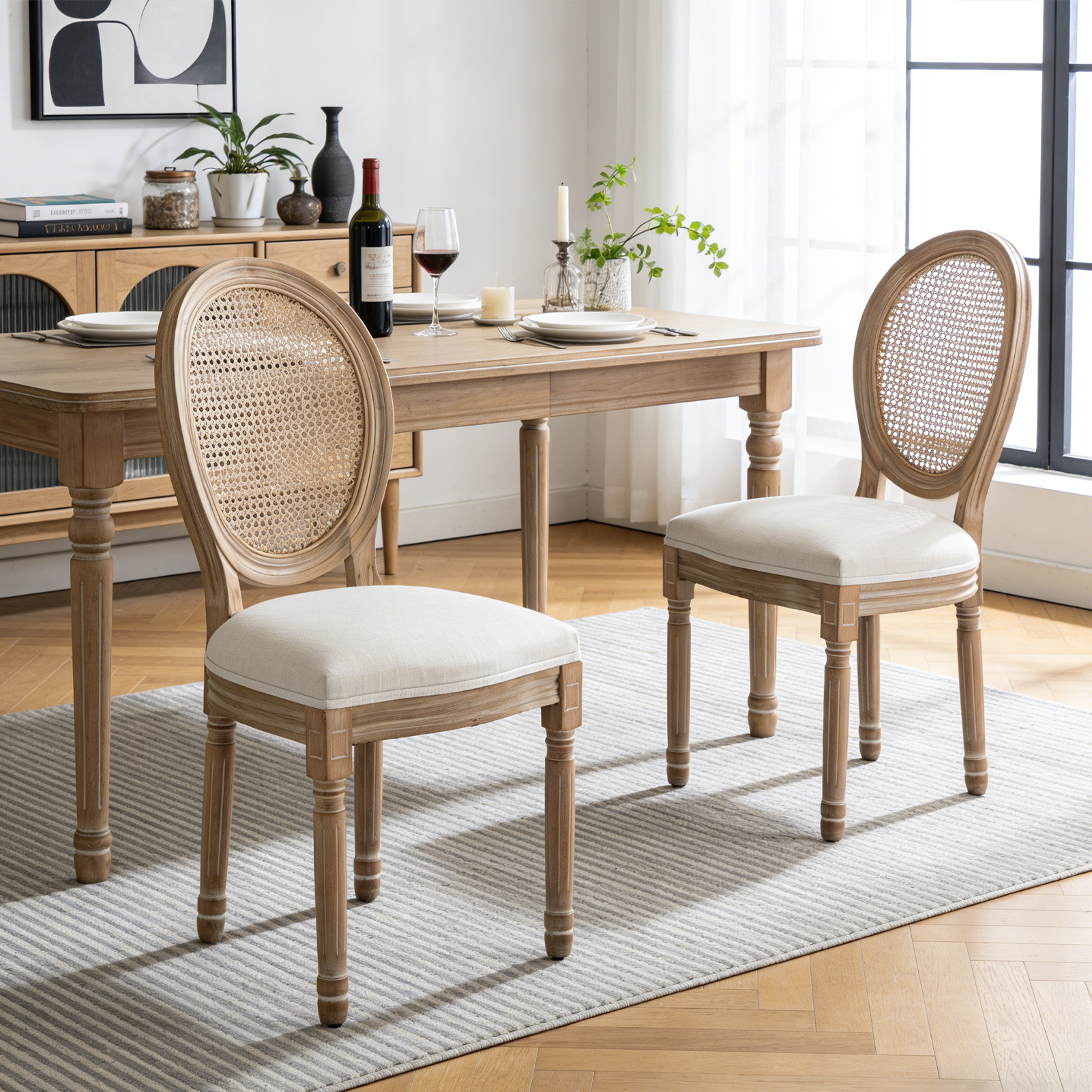French Country Cane Back Dining Chair, Set of 2, Beige Linen Seat