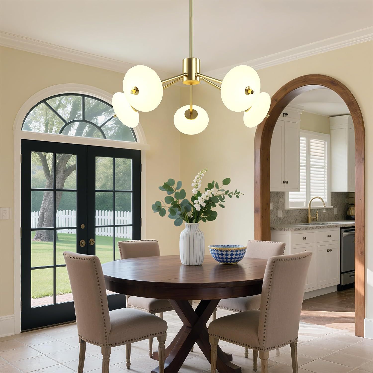 Chandelier, 5-Light Sputnik-Style with Glass Shades, Gold