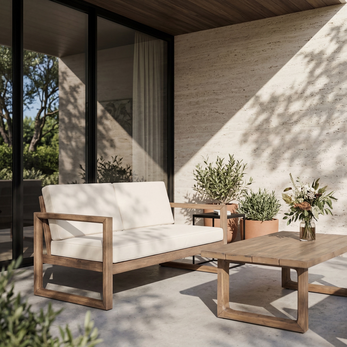 Brown Solid Wood Outdoor Sofa Set for 2 with Beige Cushions