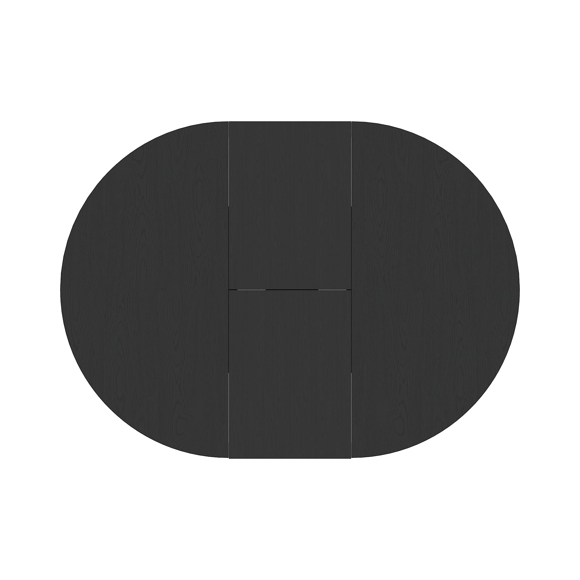 Overhead view of the oval black tabletop with the center leaf inserted on a woven rug