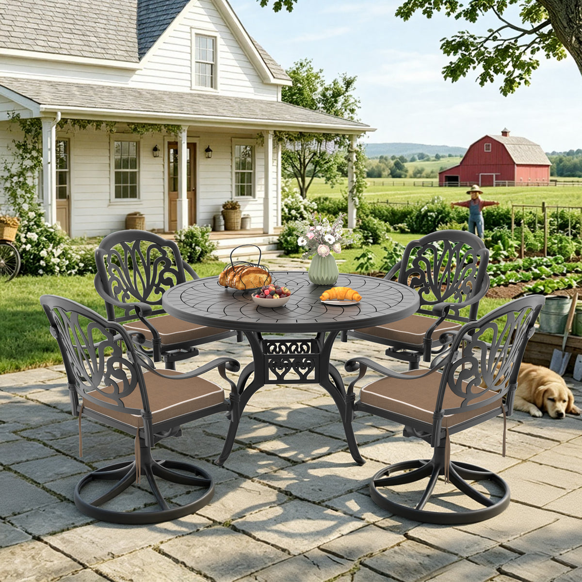 Black Aluminum 5-Piece Patio Dining Set for 4 with Cushions, Swivel, Round