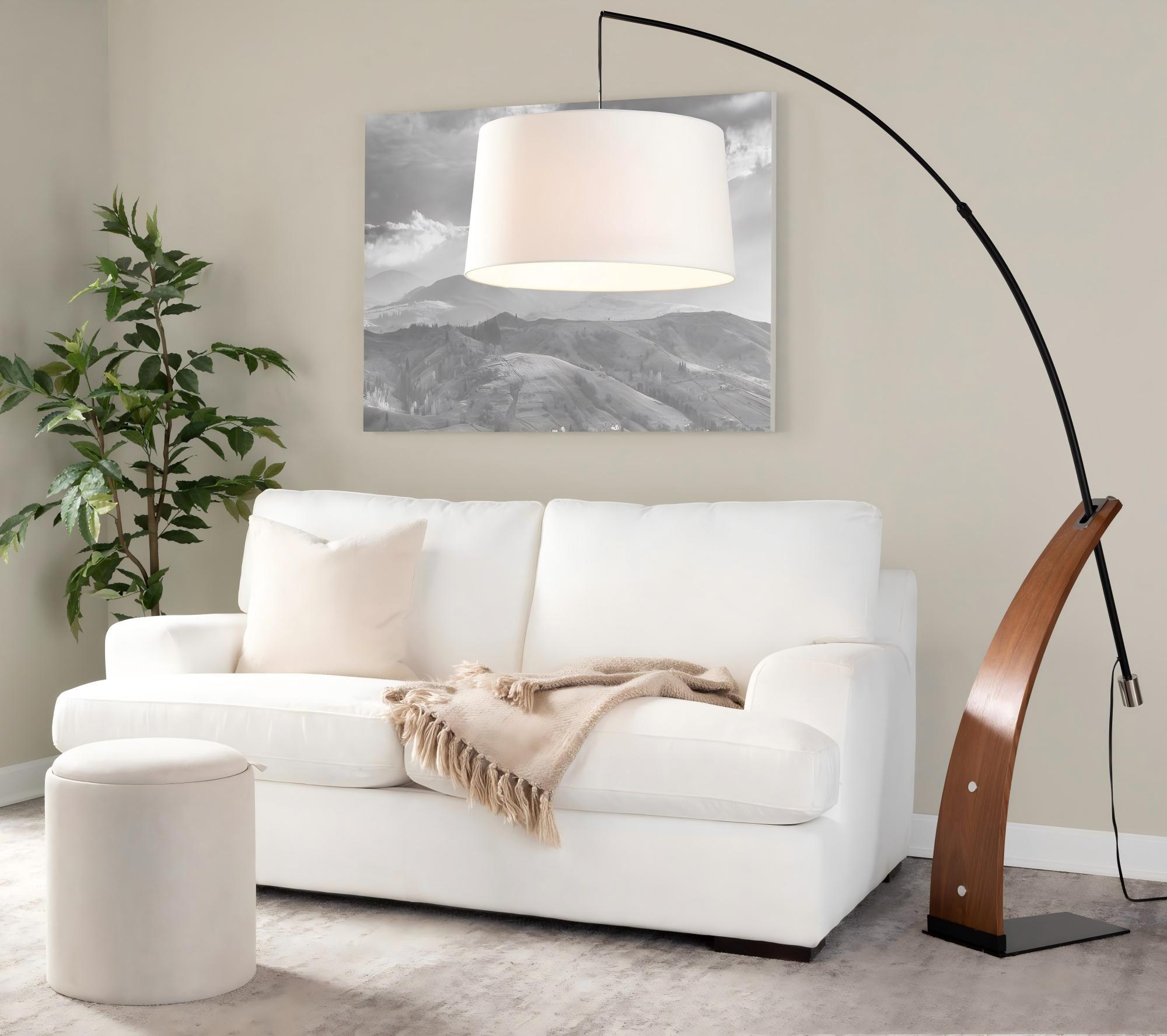 Floor Lamp with Walnut Wood Base and White Linen Shade