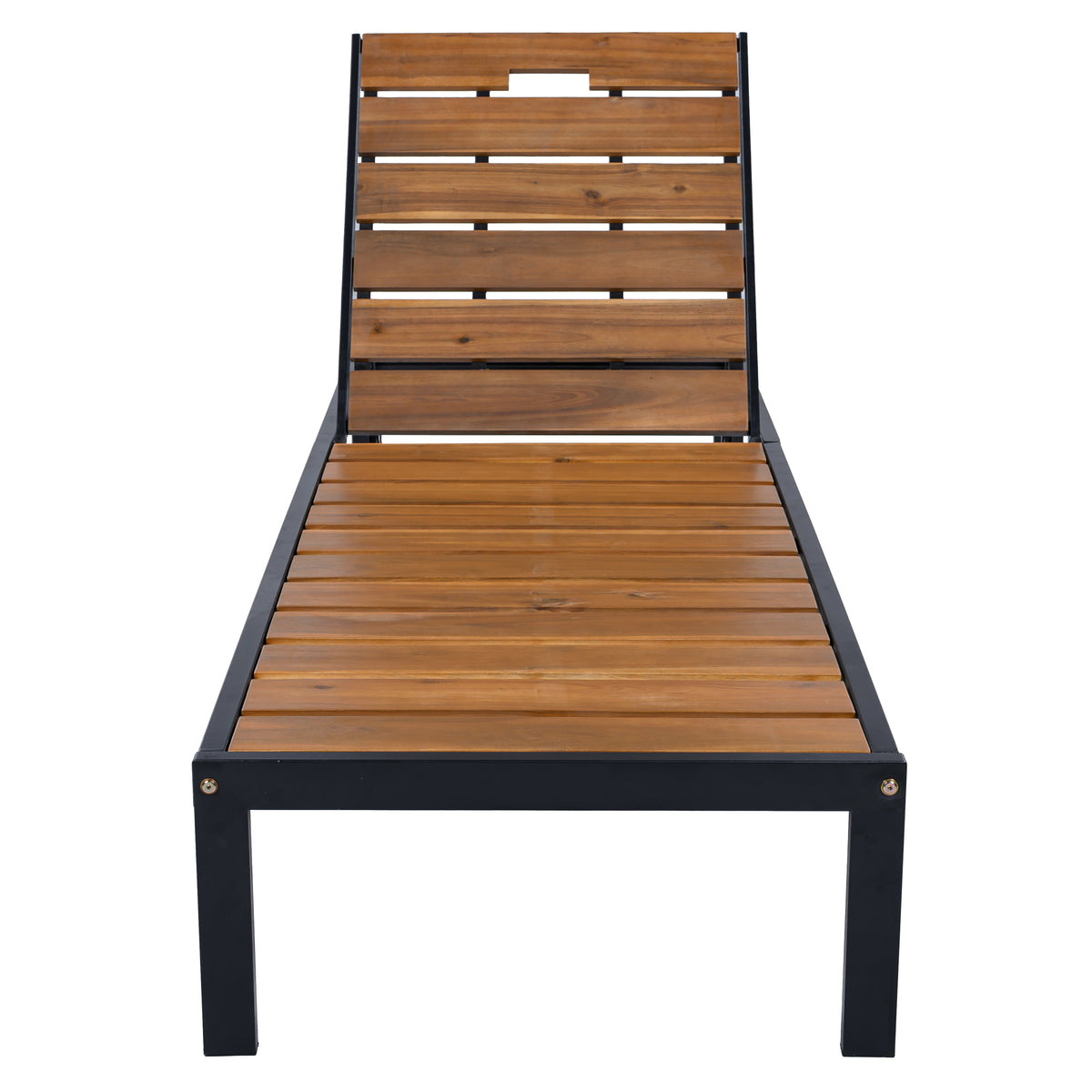 Black Metal Adjustable Outdoor Chaise Lounge, Acacia Wood Seat
