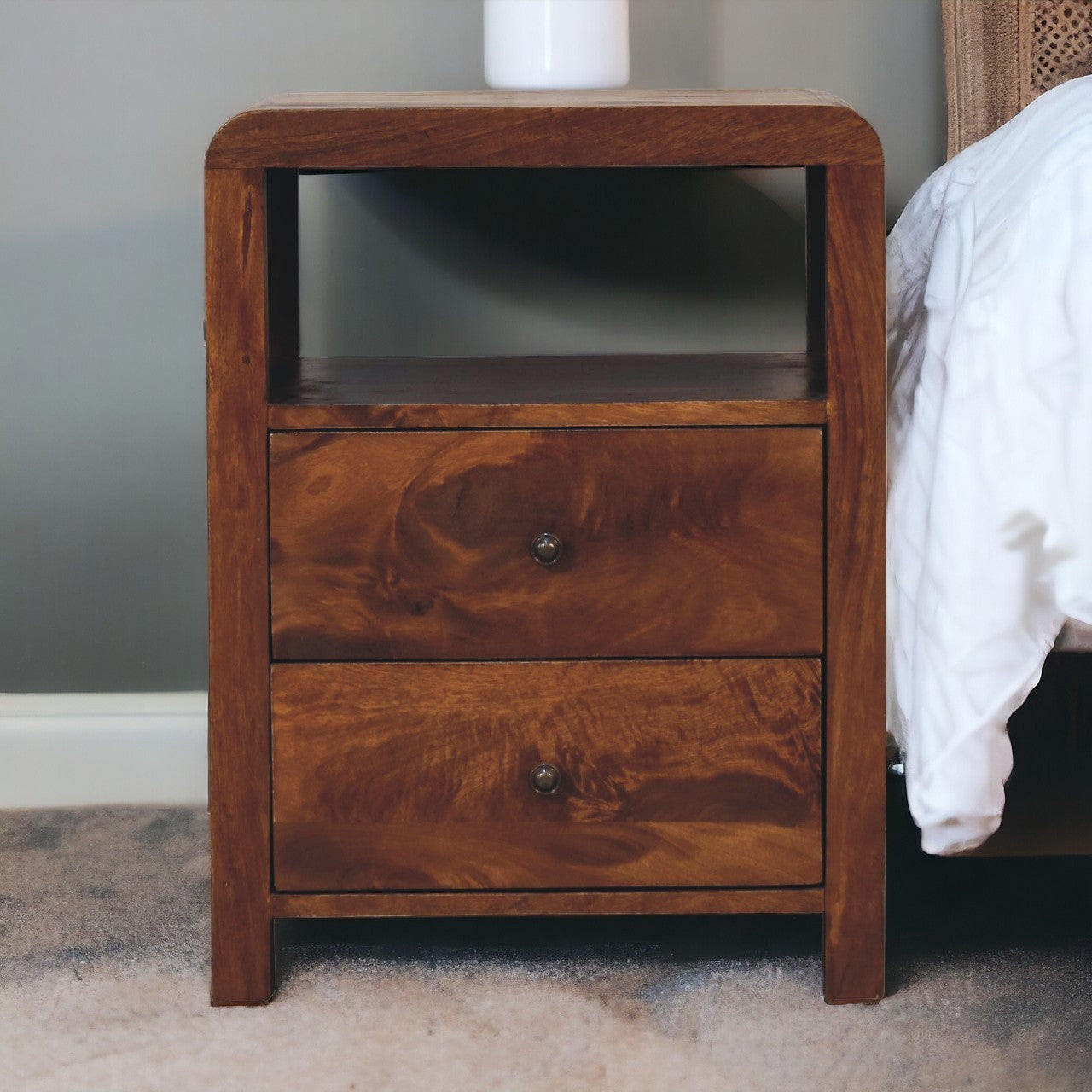 Tall Nightstand, 2 Drawers and Open Shelf, Solid Mango Wood