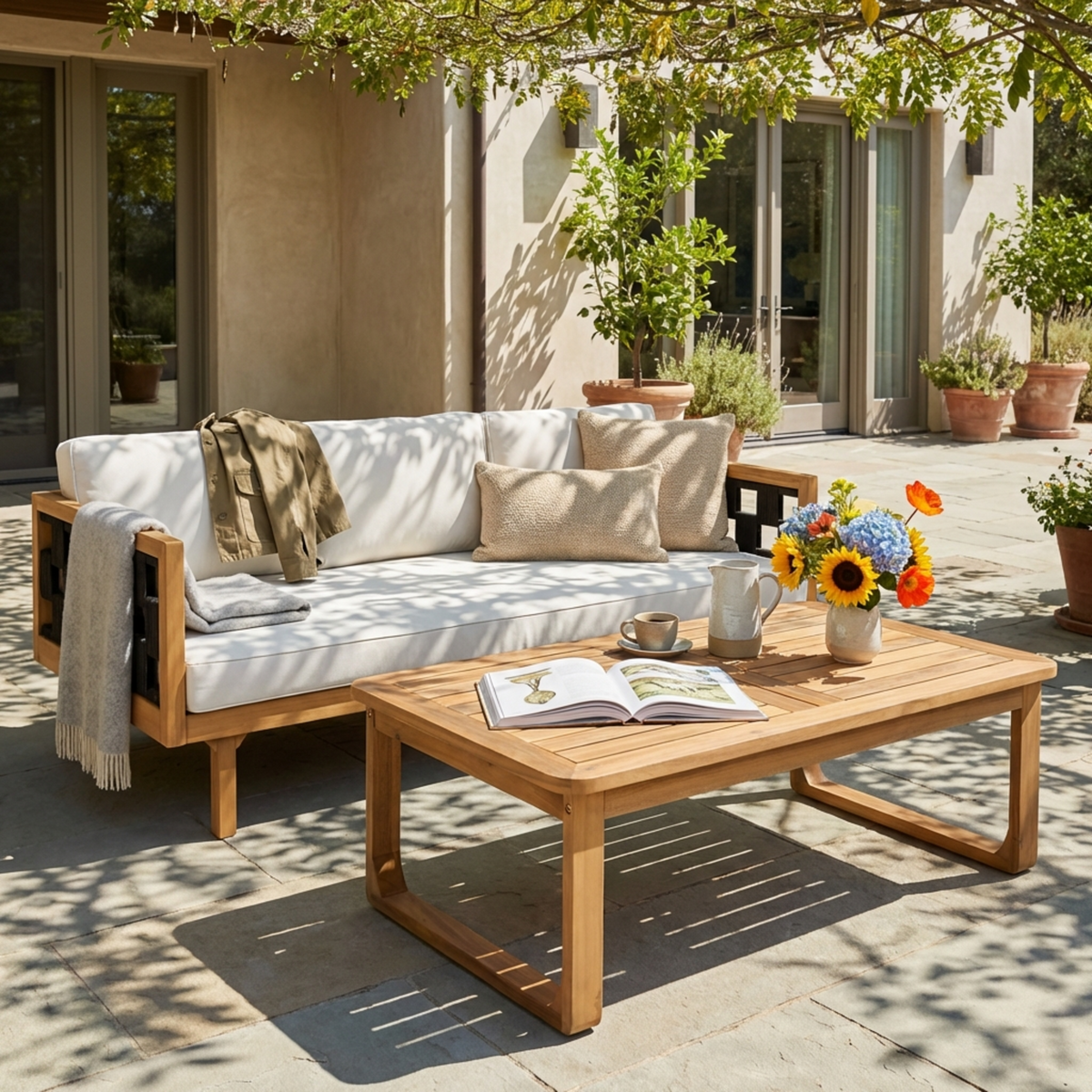 Light Teak Finish Solid Wood 2-Piece Outdoor Sofa Set