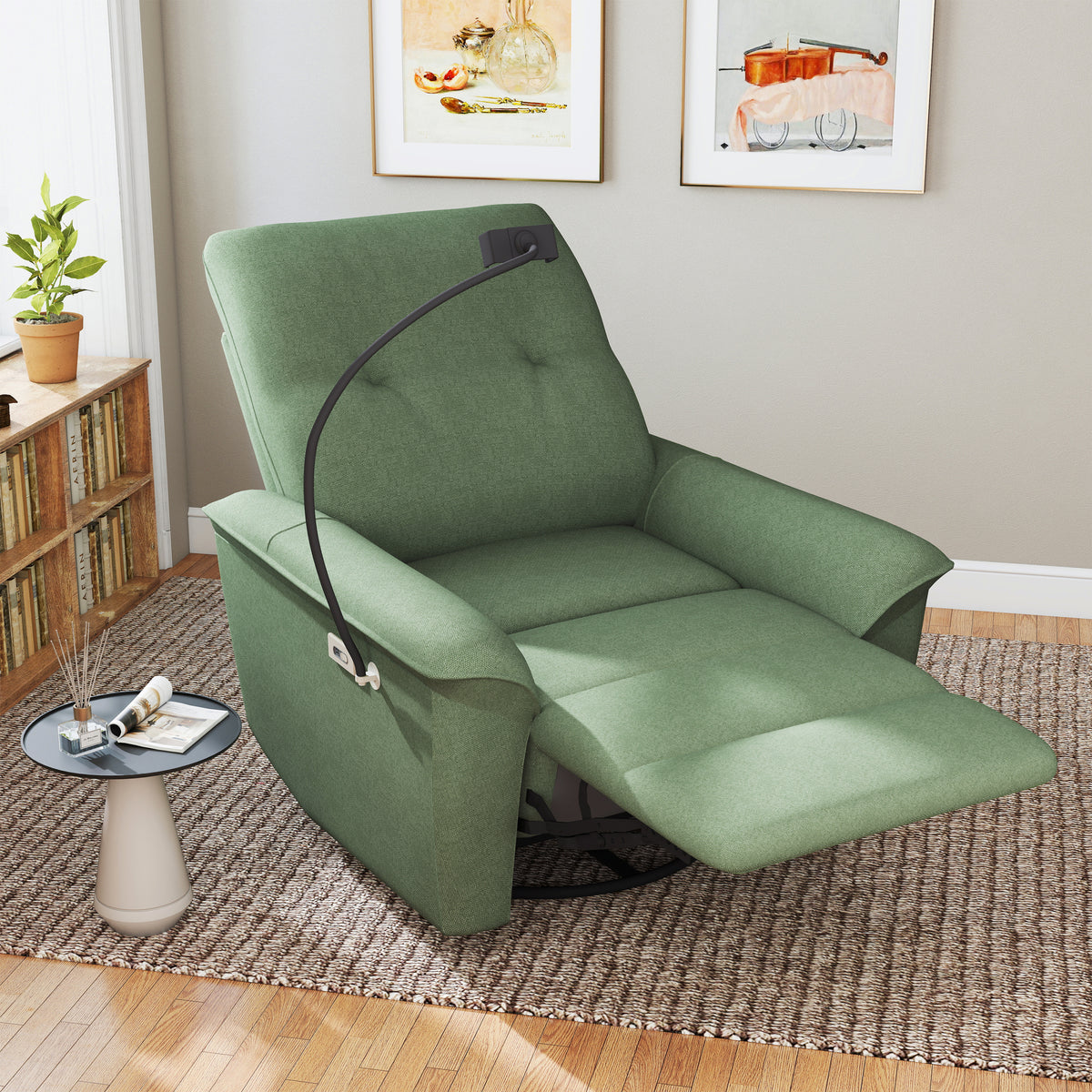 Dark Green Velvet Power Swivel Rocker Recliner, USB Charging