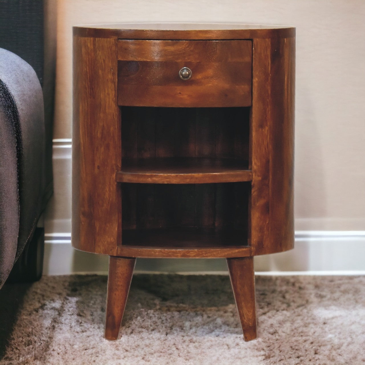 1 Drawer Nightstand with Open Shelf, Solid Mango Wood