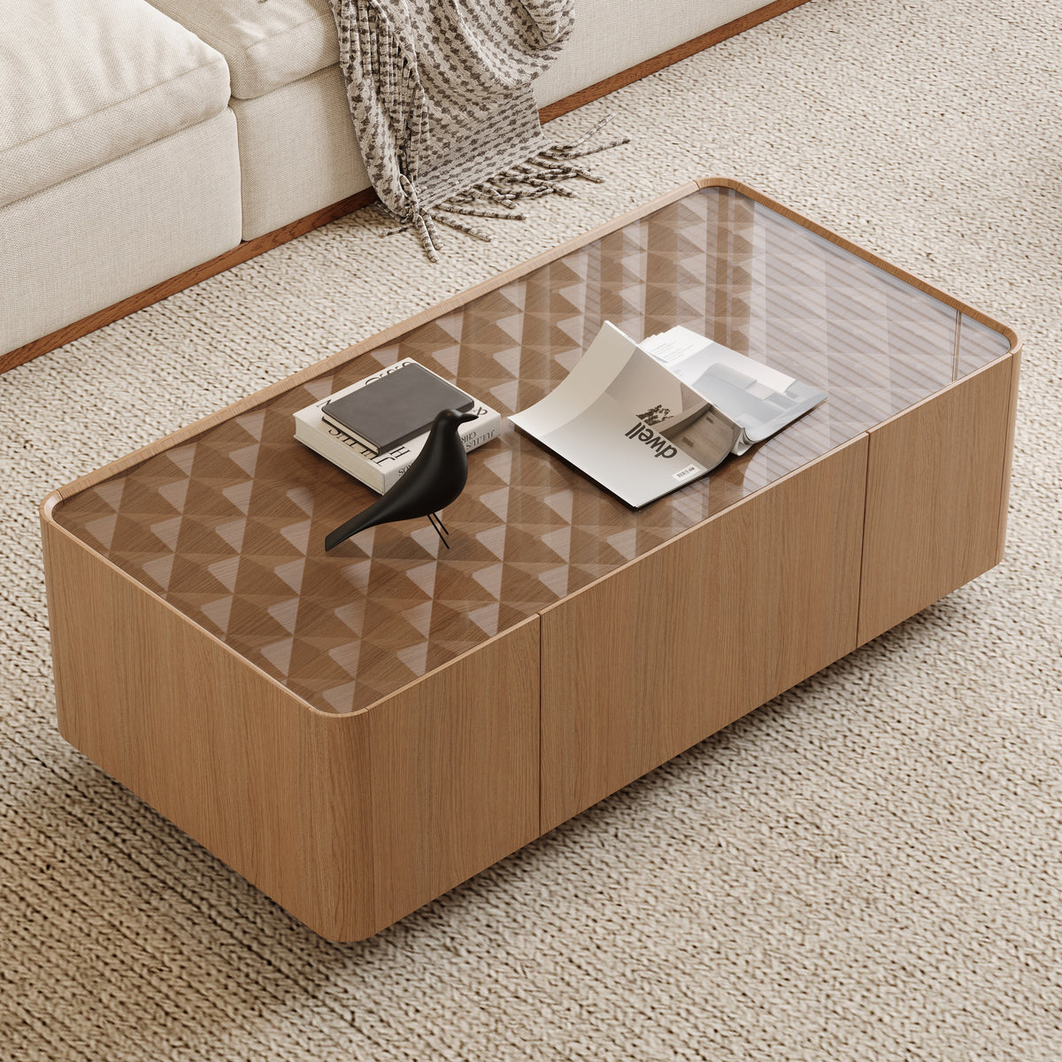 Walnut Glass Top Rectangular Coffee Table with Storage, 46.8 in