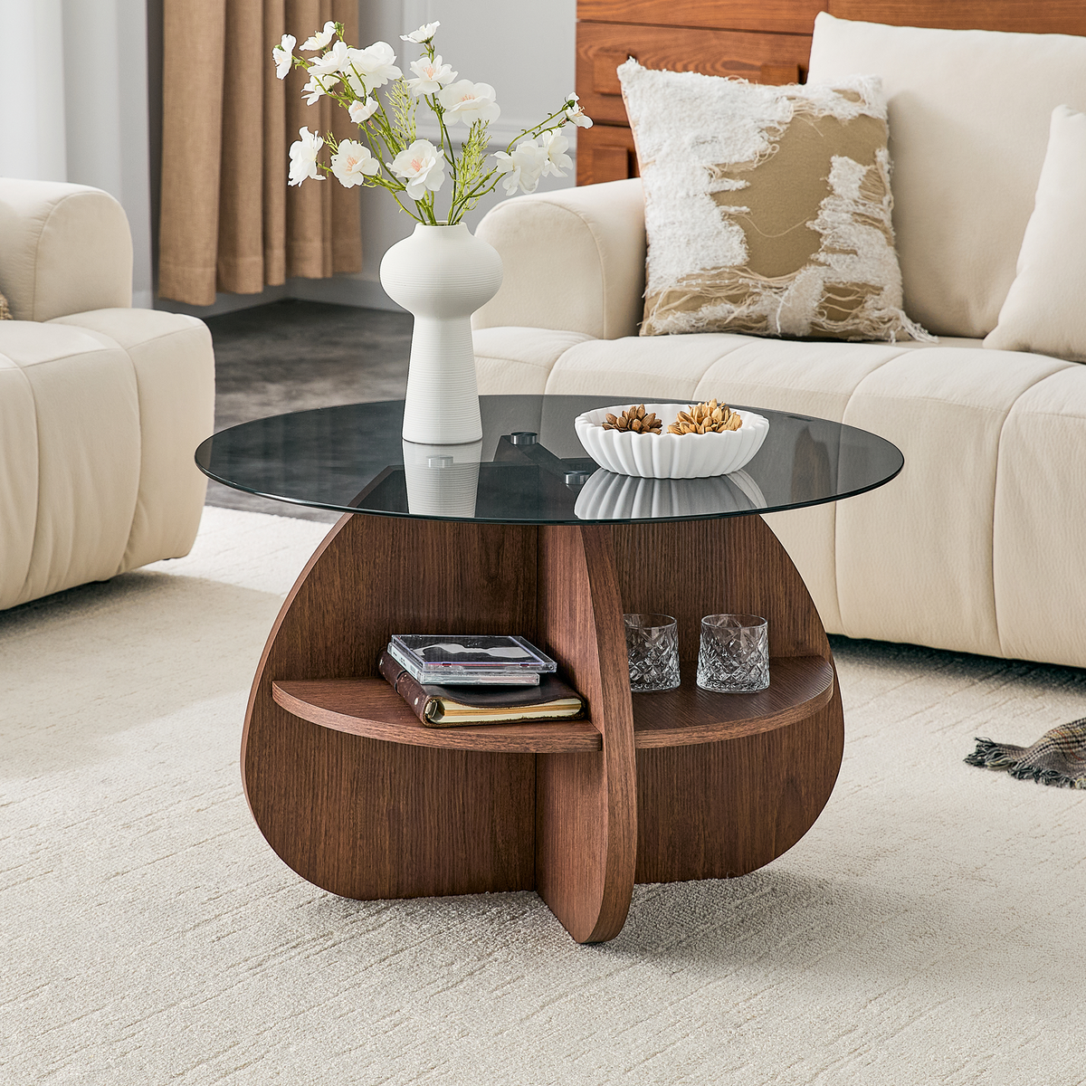 Walnut Glass Top Round Coffee Table with Storage, 29.5 in