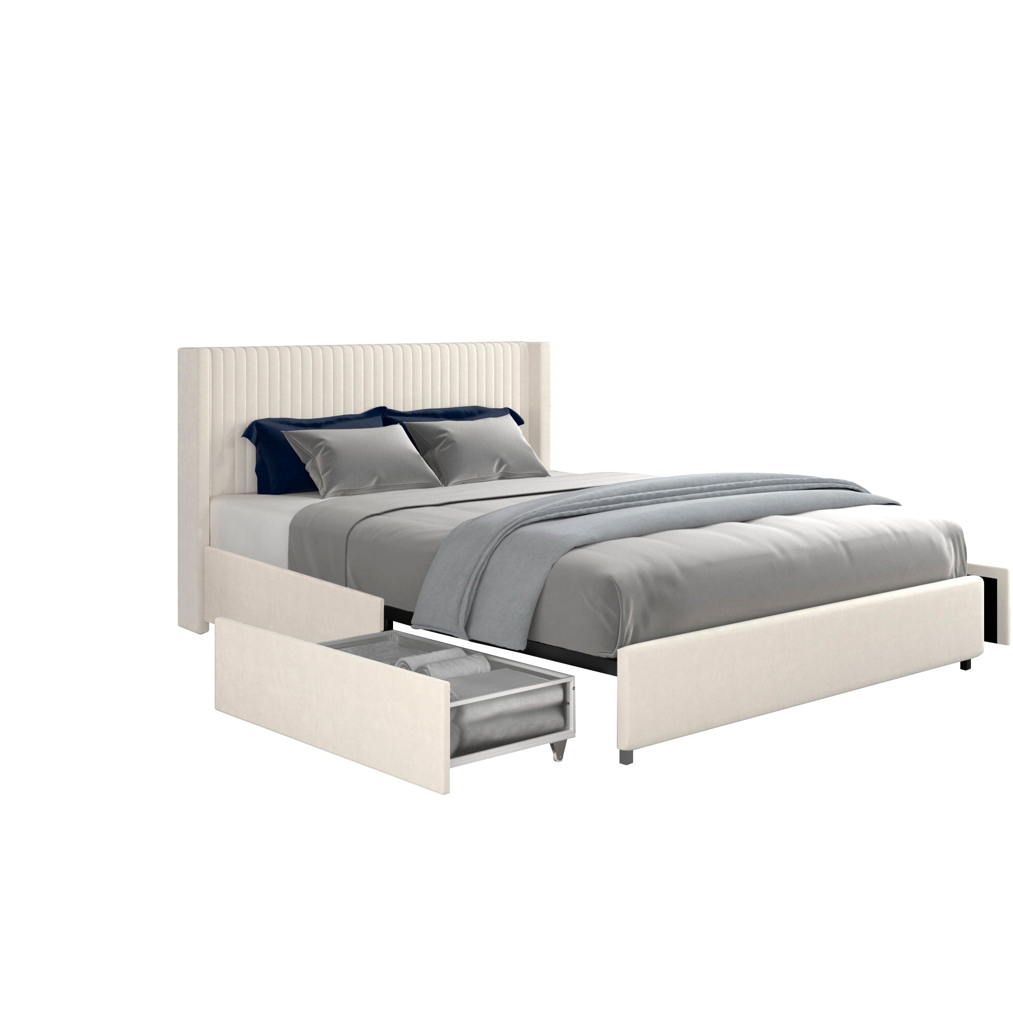 Studio angled ivory velvet storage bed with one drawer open and gray and navy pillows on the mattress