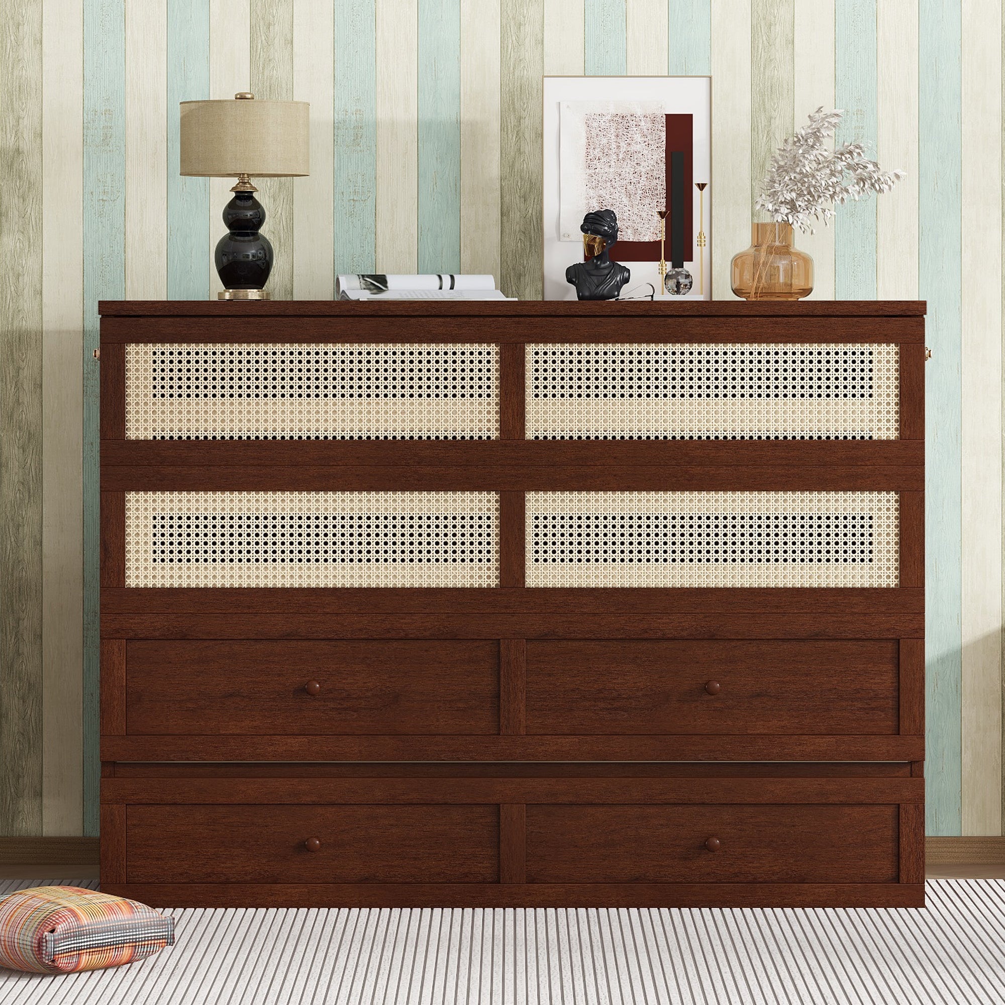 Rattan Front Murphy Cabinet Bed with Storage Drawer, Walnut