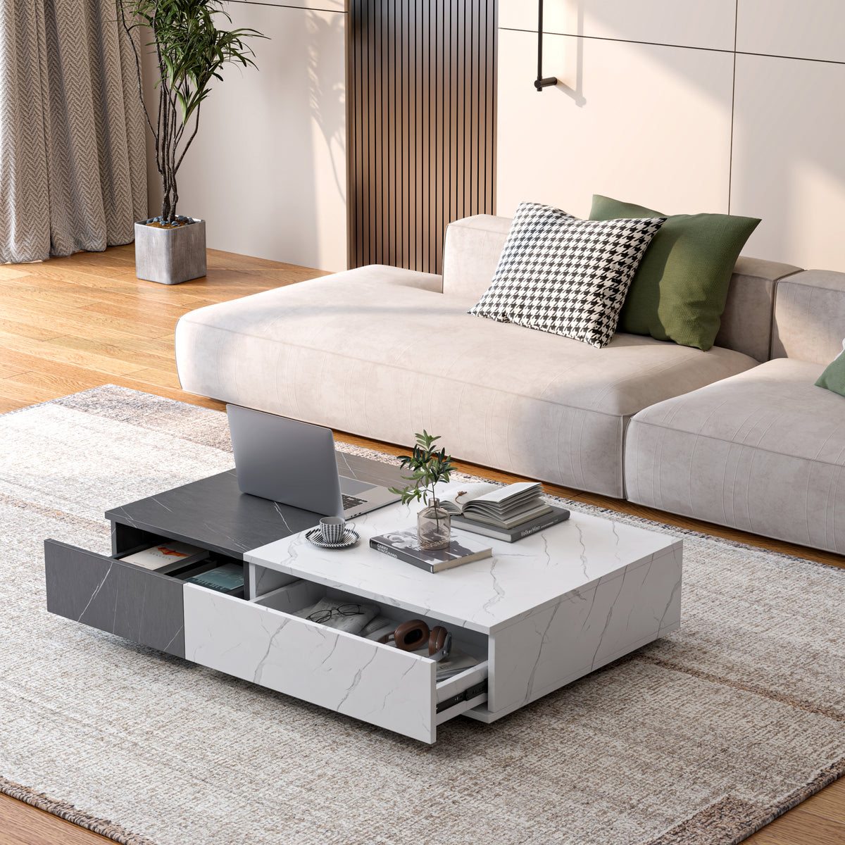 White Rectangular Coffee Table with Storage, 51.2 in