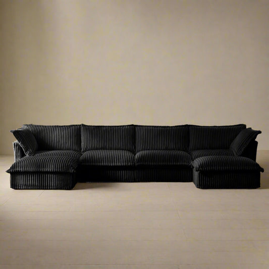 Fluffy Corduroy 4-Seat Couch – Black with 2 Ottomans, Washable