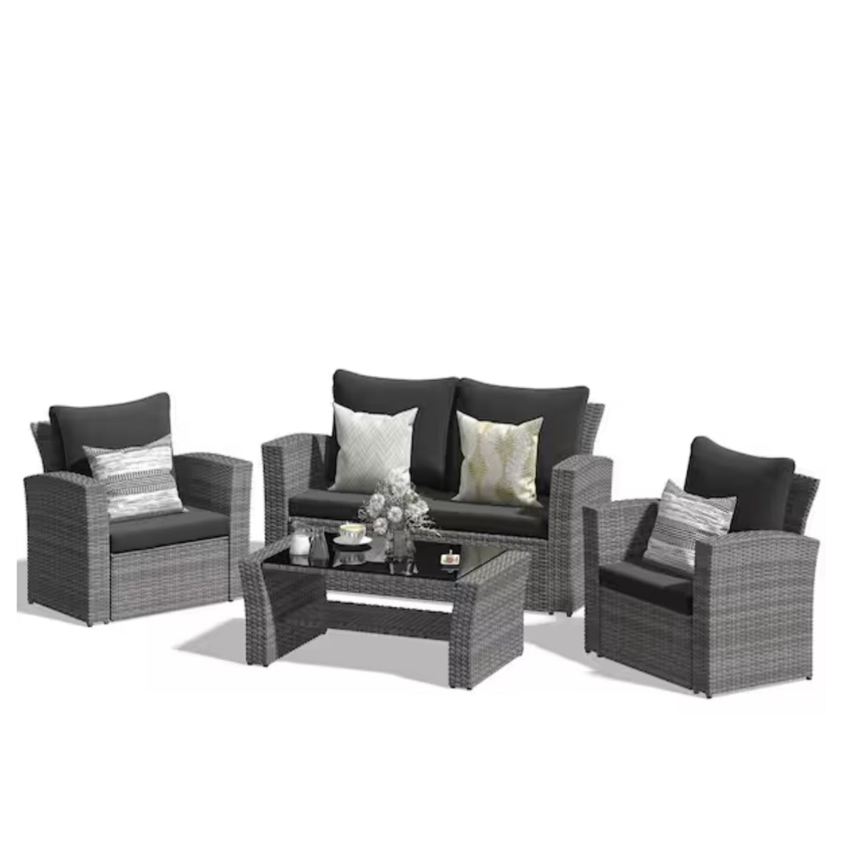 Brown Wicker 4-Piece Patio Conversation Set, Black Cushion