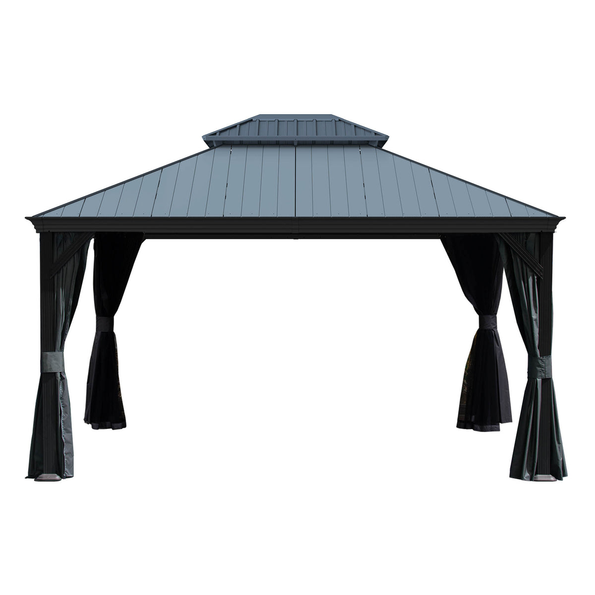 12x14 ft Dark Gray Metal Hardtop Gazebo with Netting and Curtains