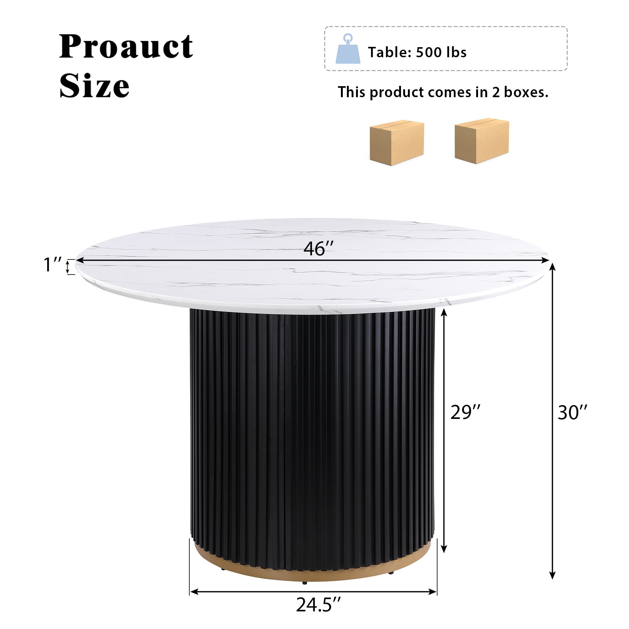 Dimension diagram of the round table showing 46in top, 1in thickness, 30in height, 500lb capacity