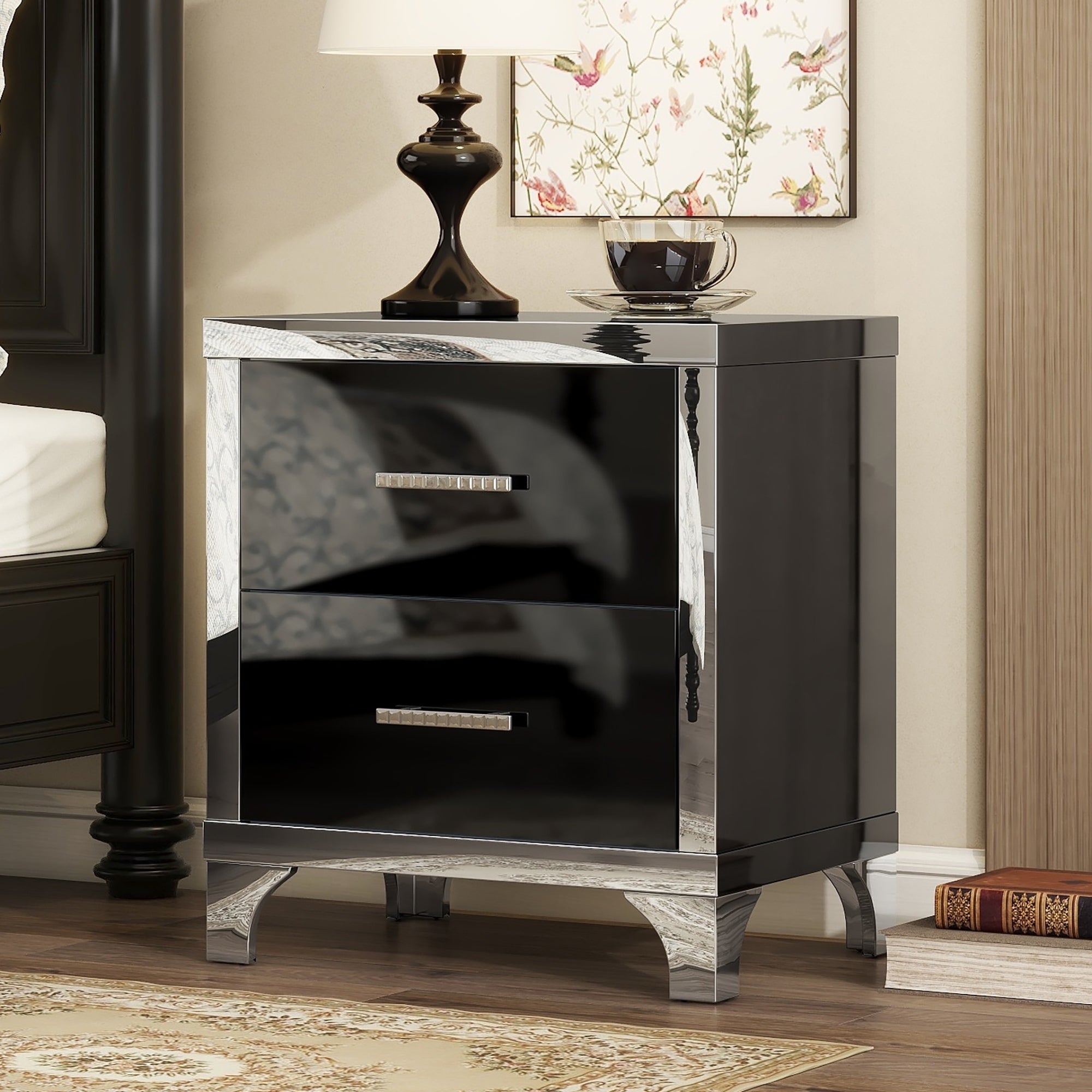 High Gloss 2-Drawer Nightstand with Metal Handles, Black