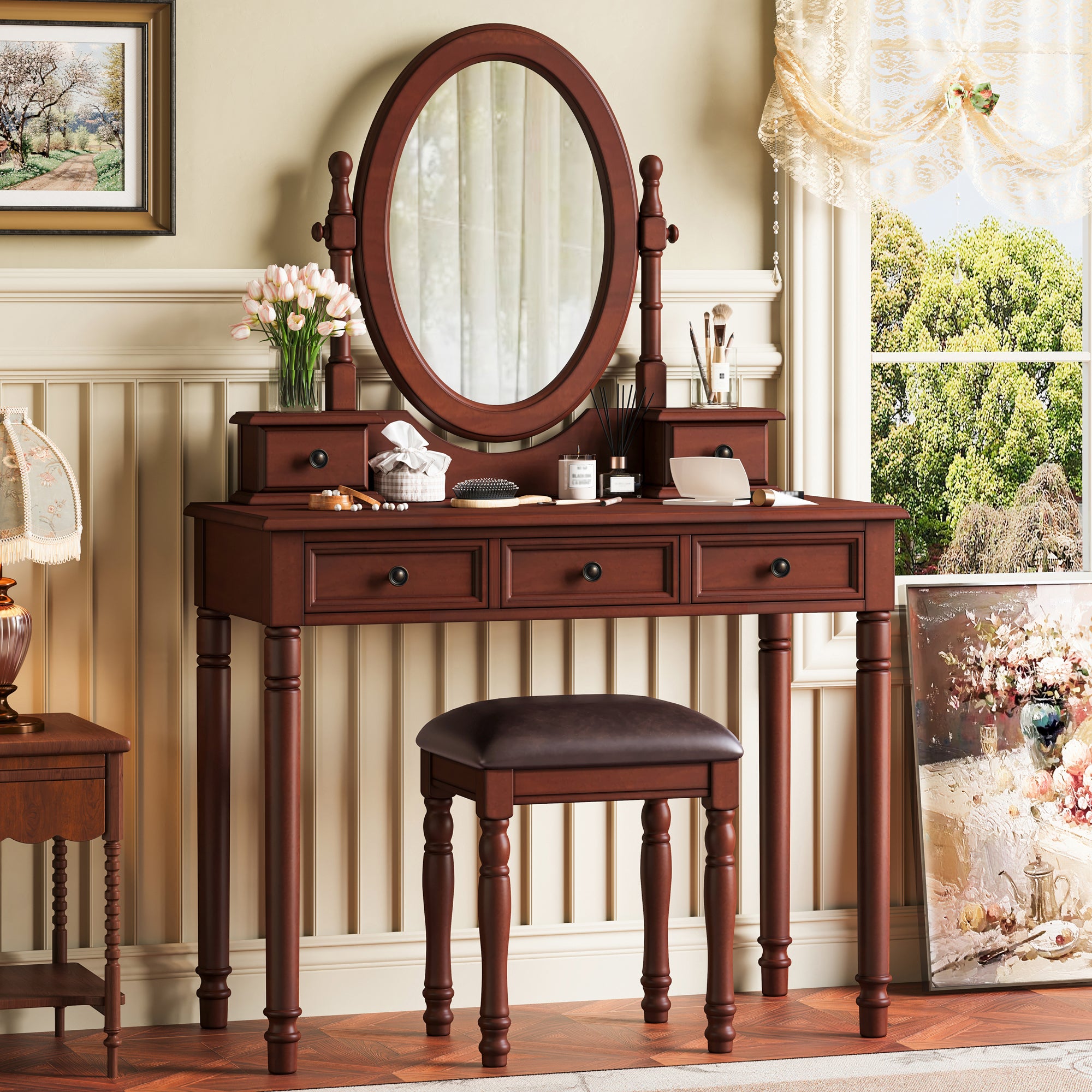 Walnut Vanity Table with Adjustable Oval Mirror and 5 Drawers