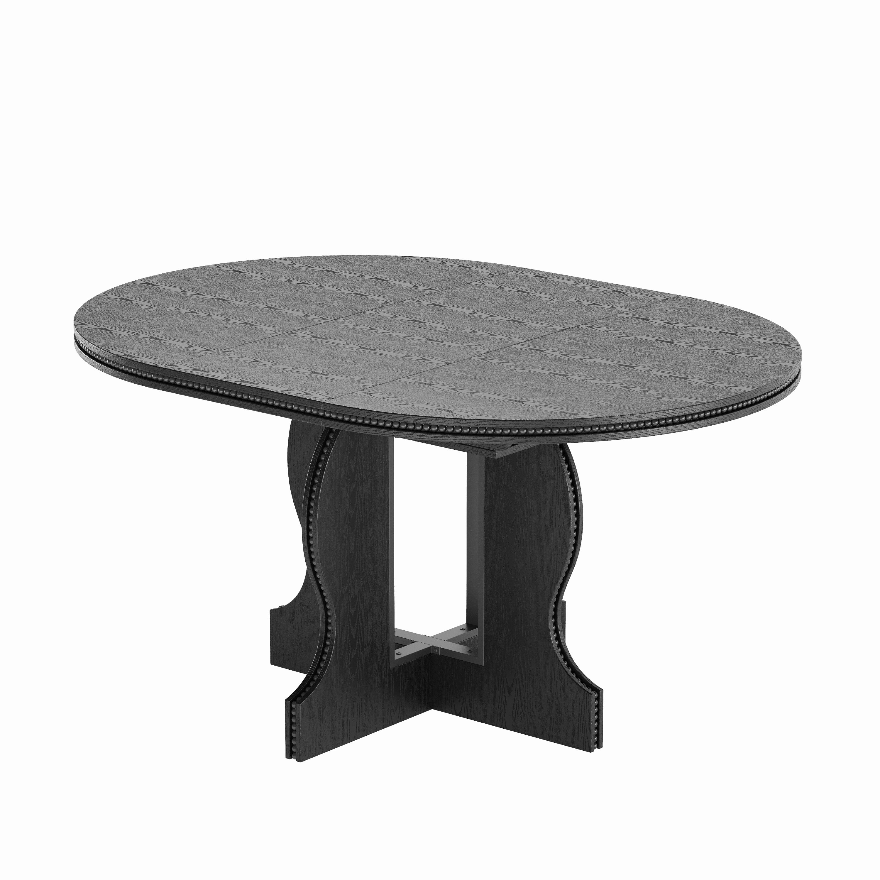 Black oval extendable dining table with the top extended, high angle on a plain white studio background