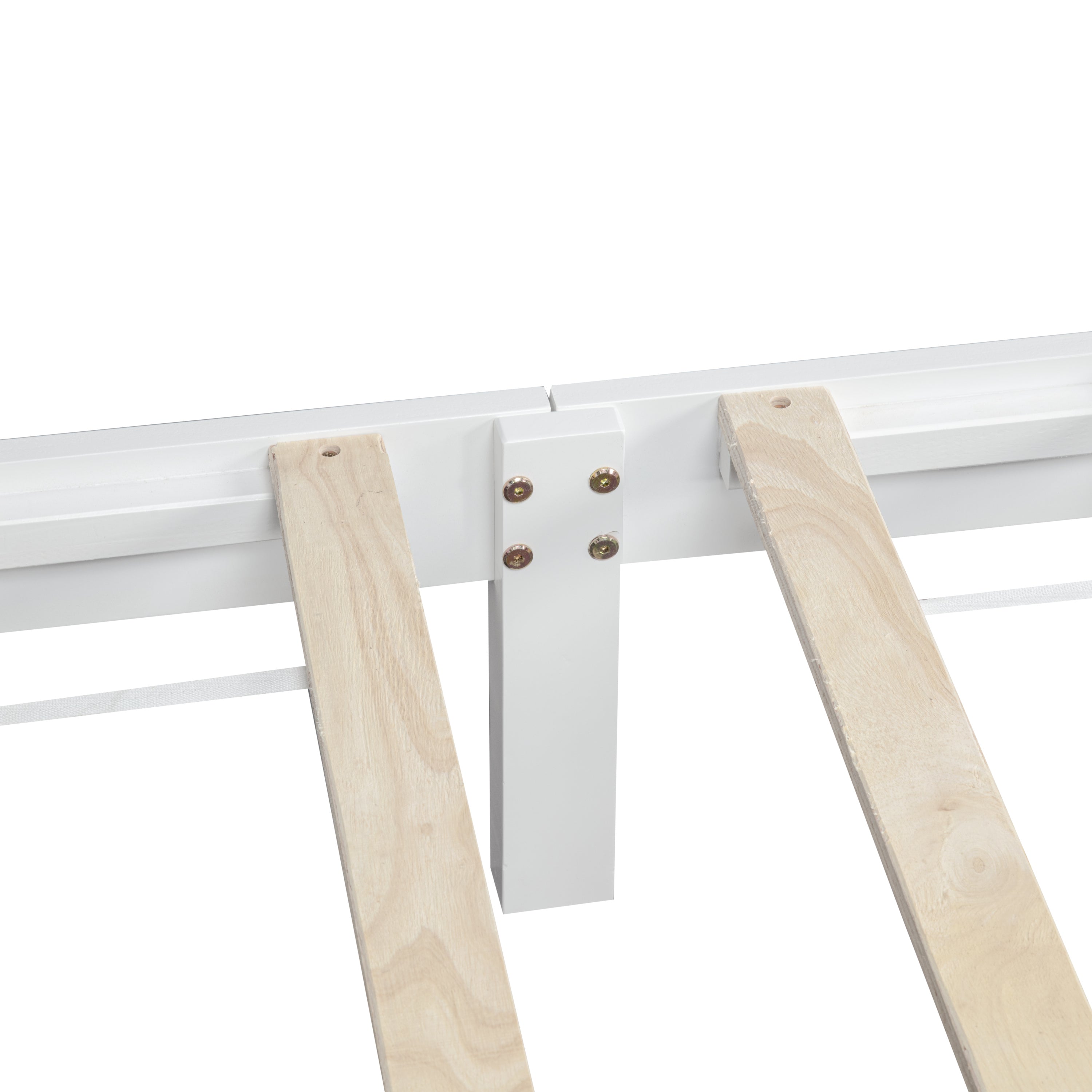 Close-up of the center support bracket where the wood slats meet, joined by cam bolts