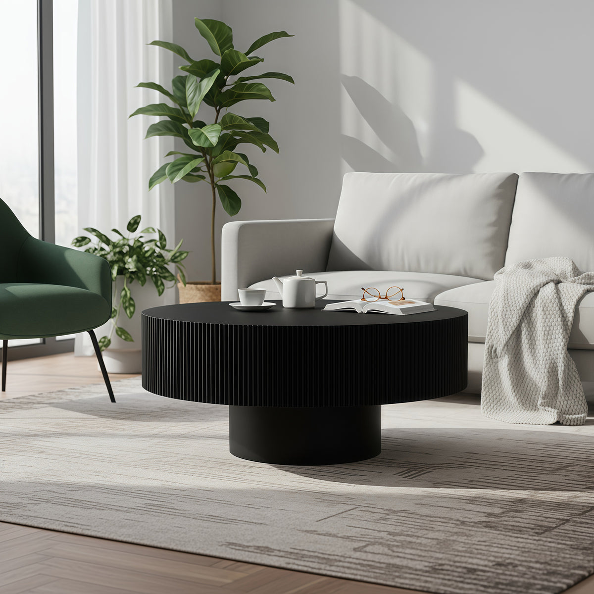 Black Round Fluted Coffee Table with Storage, 30.3 in