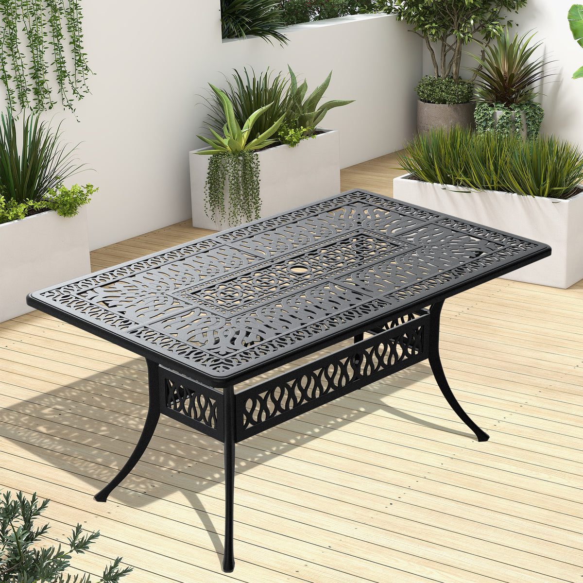 Black Aluminum Rectangular Outdoor Dining Table with Umbrella Hole, 58.3 in Wide