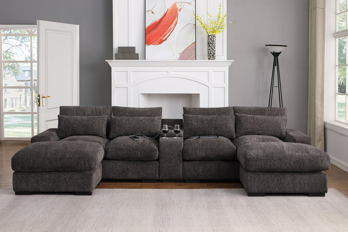 Brown Velvet Reclining Sectional with 2 Ottomans, 134.7 in Wide