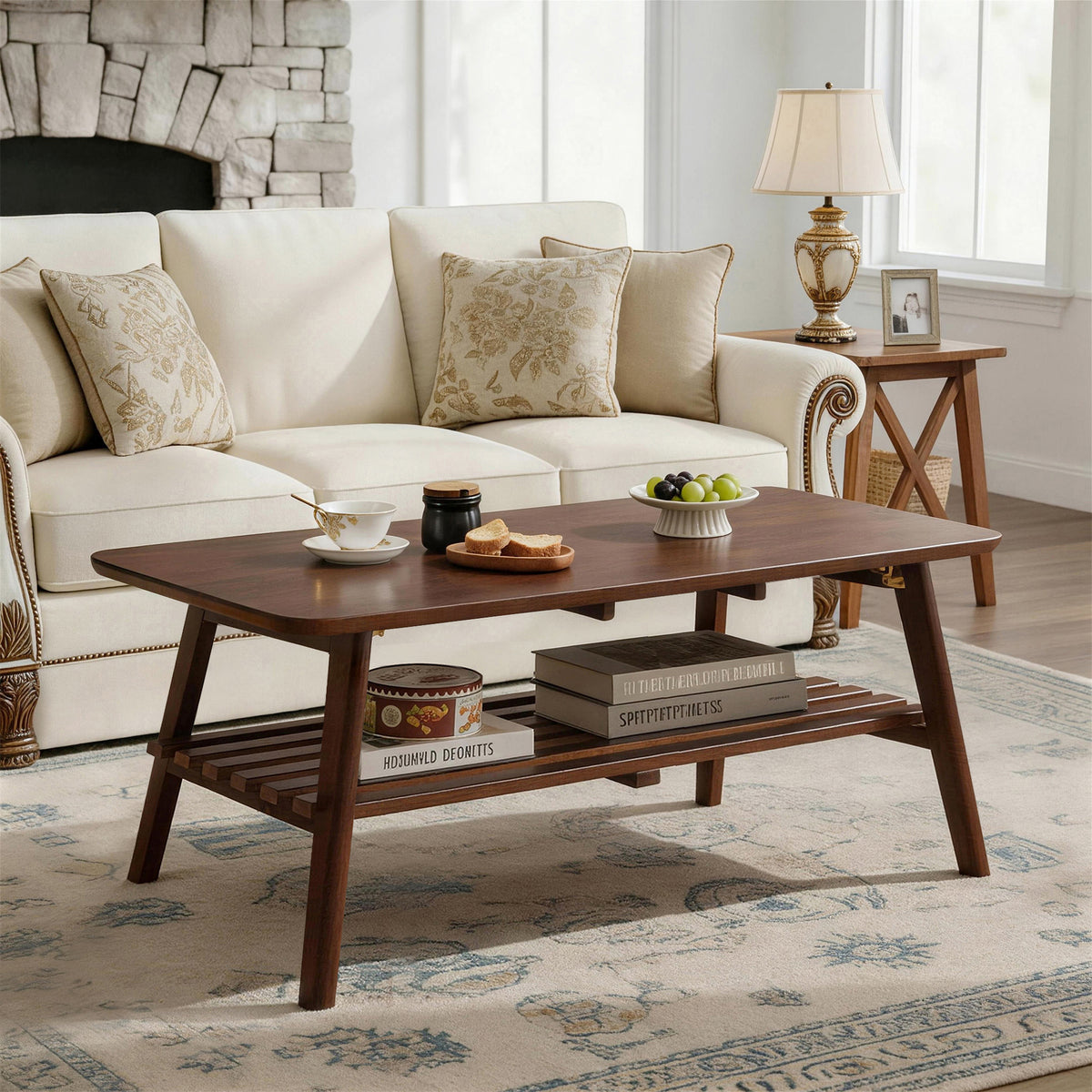 Walnut Rectangular Coffee Table with Storage, 47.2 in, 17.7 in Tall